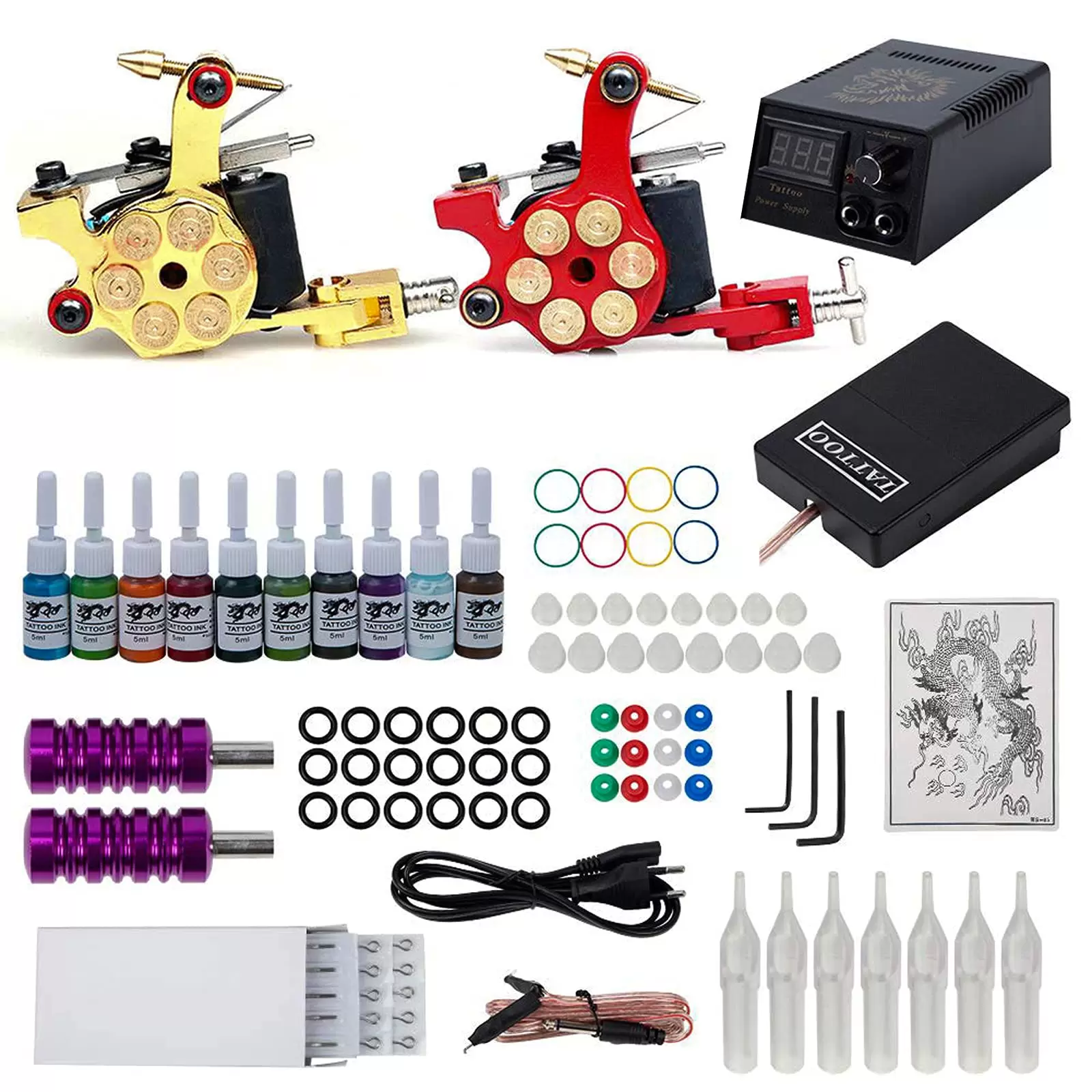 Tätowierung Tattoo Kit 2* Tätowiermaschine + 50* Nadeln + 40* Farben