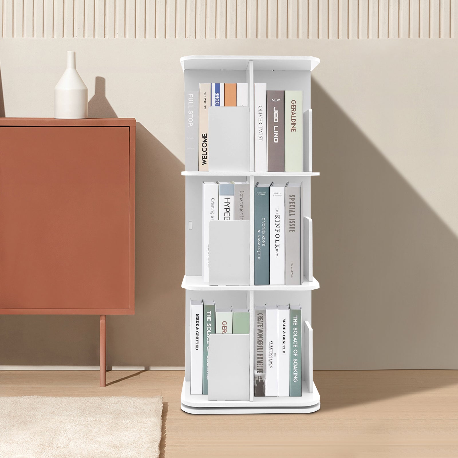 Turosur Libreria girevole a 5 ripiani (legno) con ripiano girevole a 360 gradi, bianco, organizer salvaspazio per libri, giocattoli, artigianato