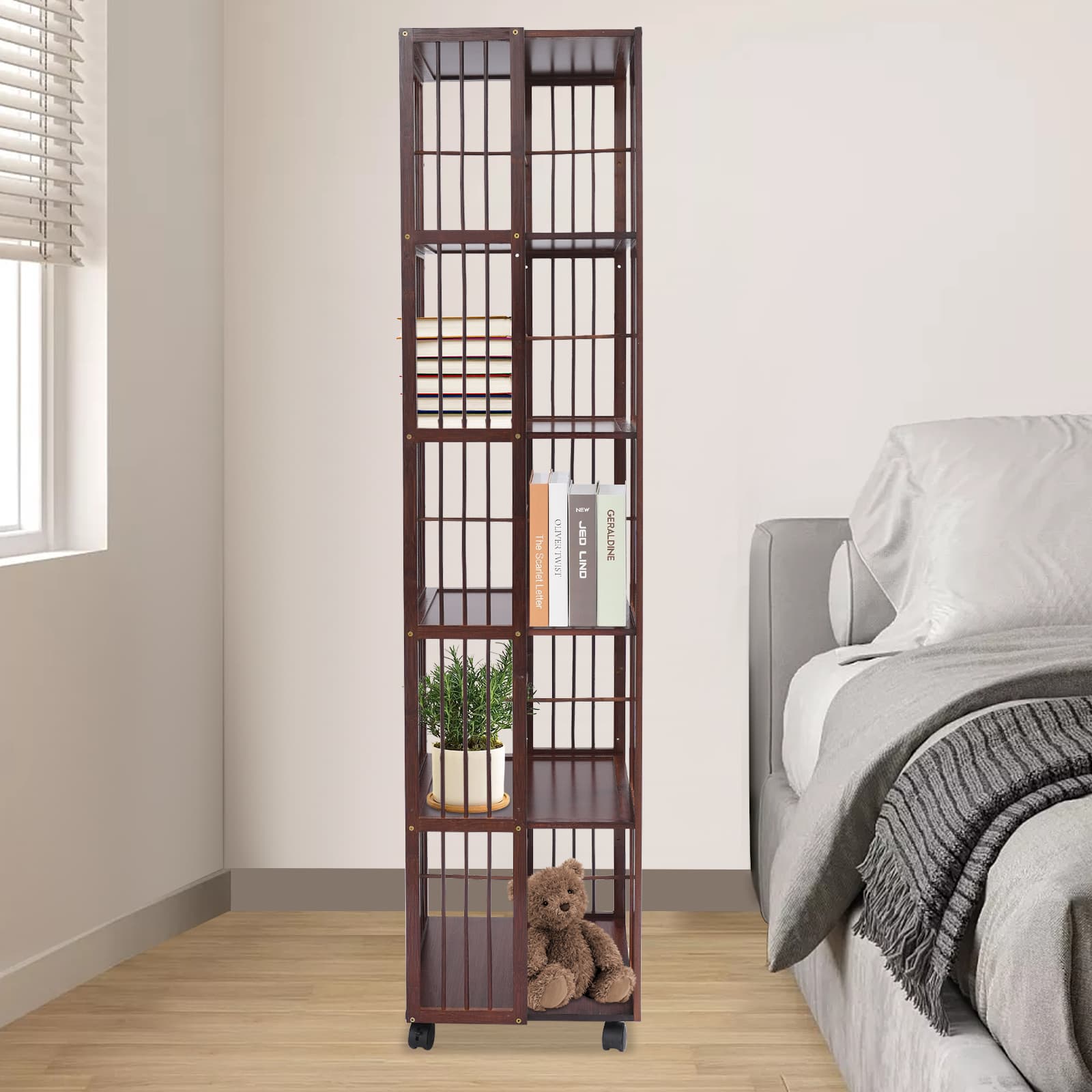 Draaibare boekenplank met 6 lagen - donkere kleur, draaibare boekenplank met 6 lagen, boekenrek, staande draaibare boekenkast