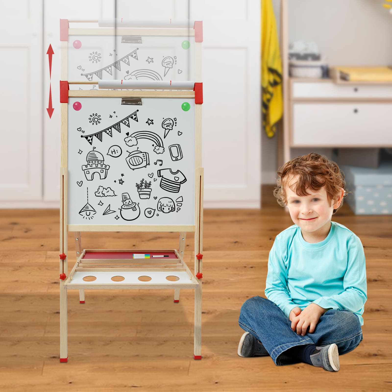 Doppelseitiges Whiteboard und Tafel, Kindertafel mit Zahlen und weiterem Zubehör, höhenverstellbare Staffelei für Kinder Doppelseitiges Whiteboard und Tafel, Kindertafel mit Zahlen und weiterem Zubehör, höhenverstellbare Staffelei für Kinder