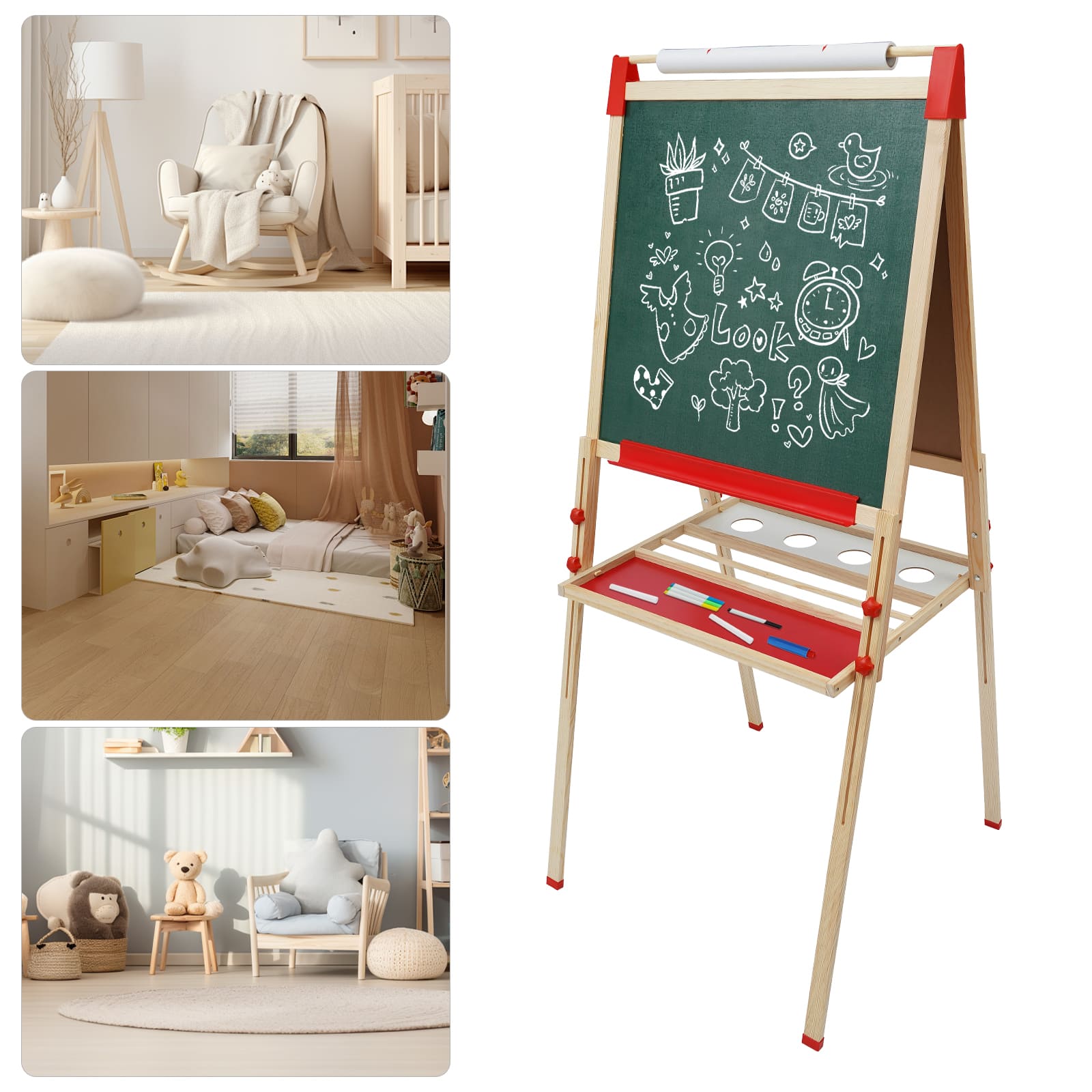 Doppelseitiges Whiteboard und Tafel, Kindertafel mit Zahlen und weiterem Zubehör, höhenverstellbare Staffelei für Kinder Doppelseitiges Whiteboard und Tafel, Kindertafel mit Zahlen und weiterem Zubehör, höhenverstellbare Staffelei für Kinder