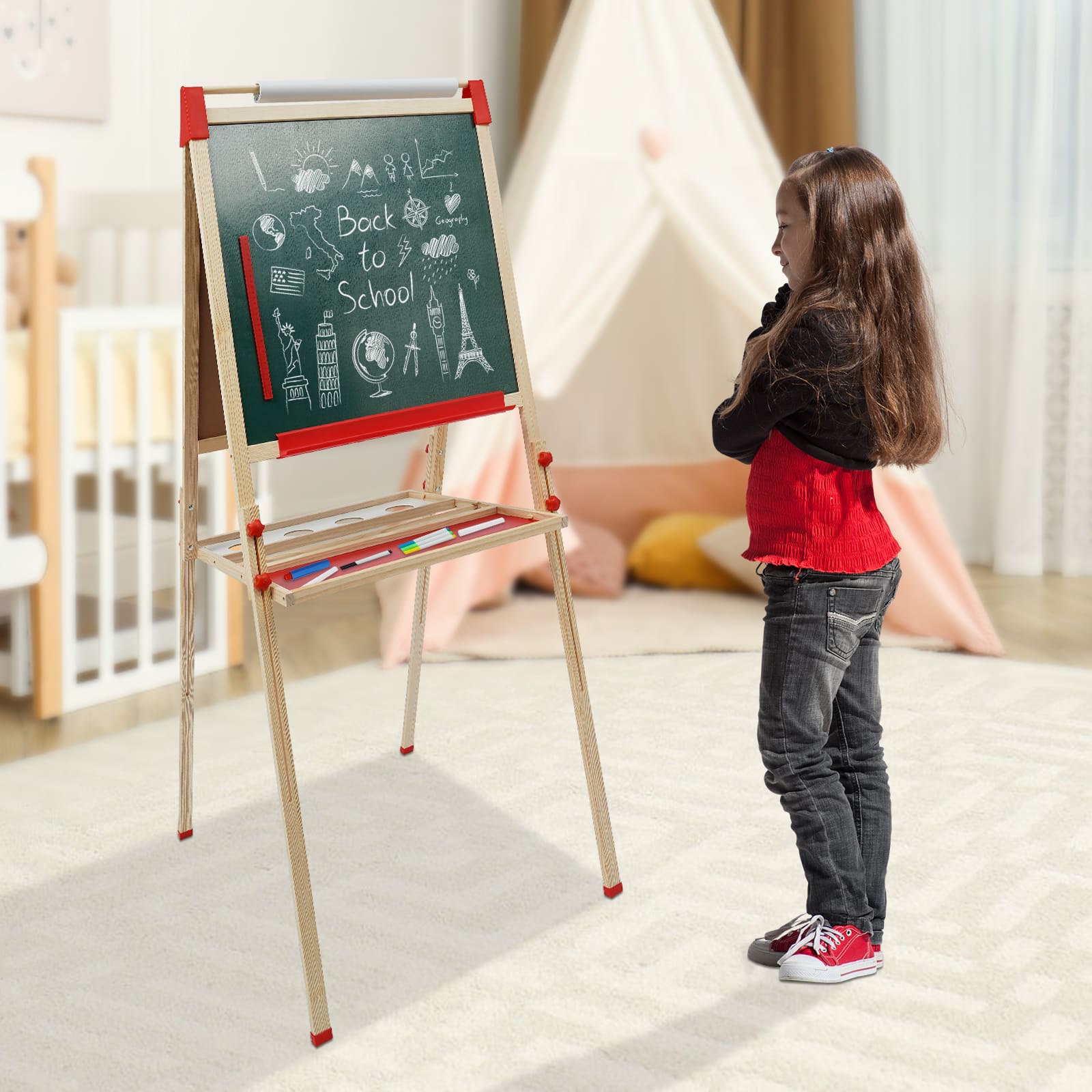 Doppelseitiges Whiteboard und Tafel, Kindertafel mit Zahlen und weiterem Zubehör, höhenverstellbare Staffelei für Kinder Doppelseitiges Whiteboard und Tafel, Kindertafel mit Zahlen und weiterem Zubehör, höhenverstellbare Staffelei für Kinder