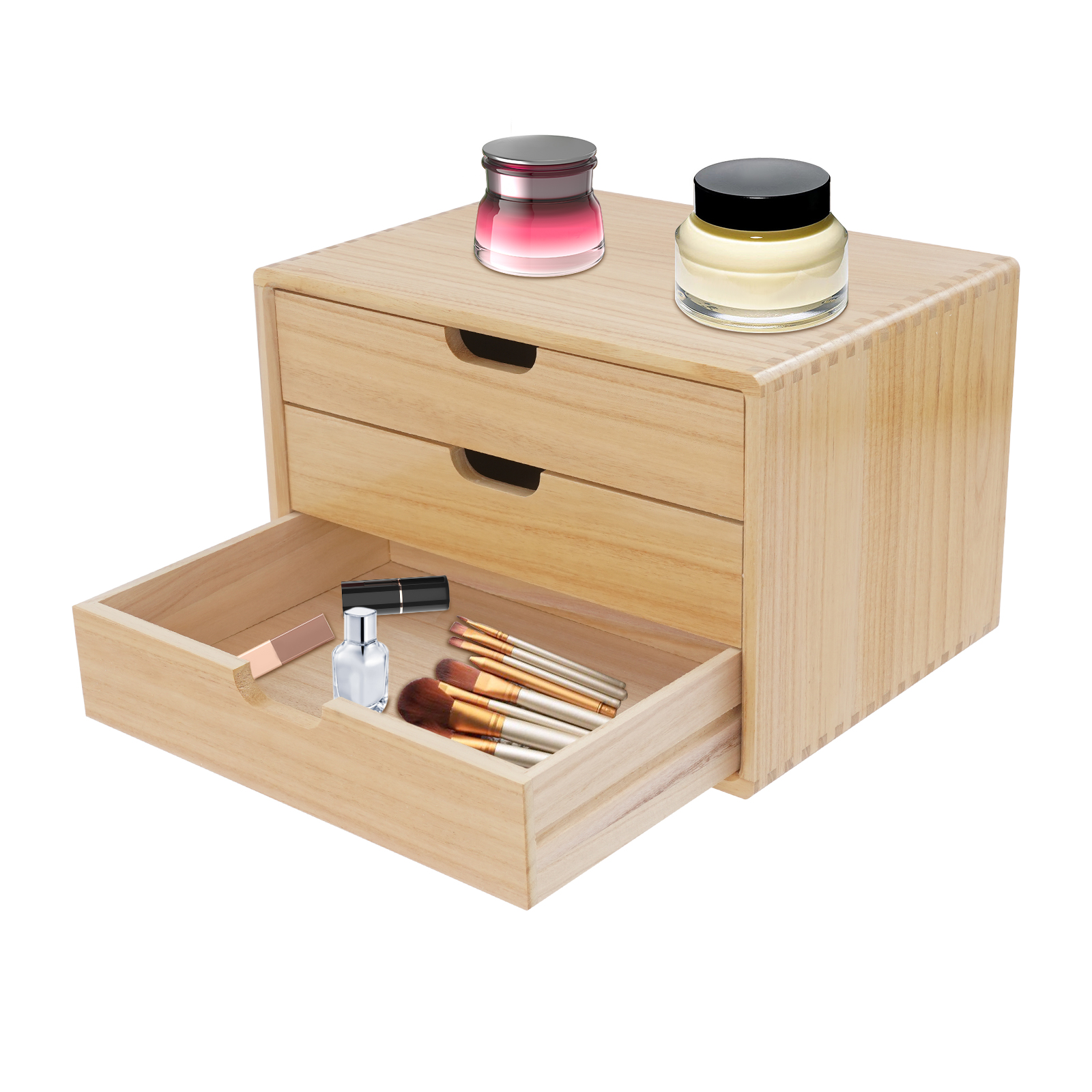 35 x 26 x 23 cm Paulownia-Schreibtisch-Organizer mit 3 Schubladen, Aufbewahrungsbox, 3-stufiger Schreibtisch-Organizer – Holzfarbe
