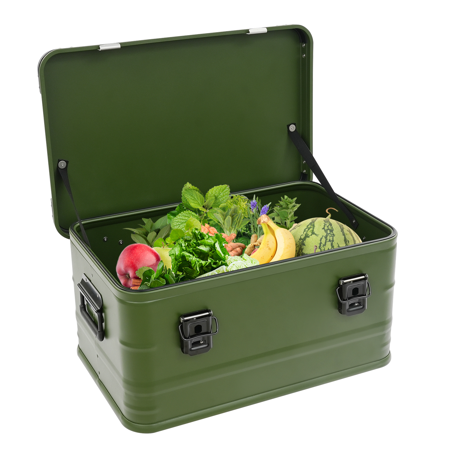 Robuste Aufbewahrungsbox aus Aluminiumlegierung mit Deckel, rechteckig armee grün stehend, 50L Picknick Aufbewahrungsbehälter ohne Montage modernes