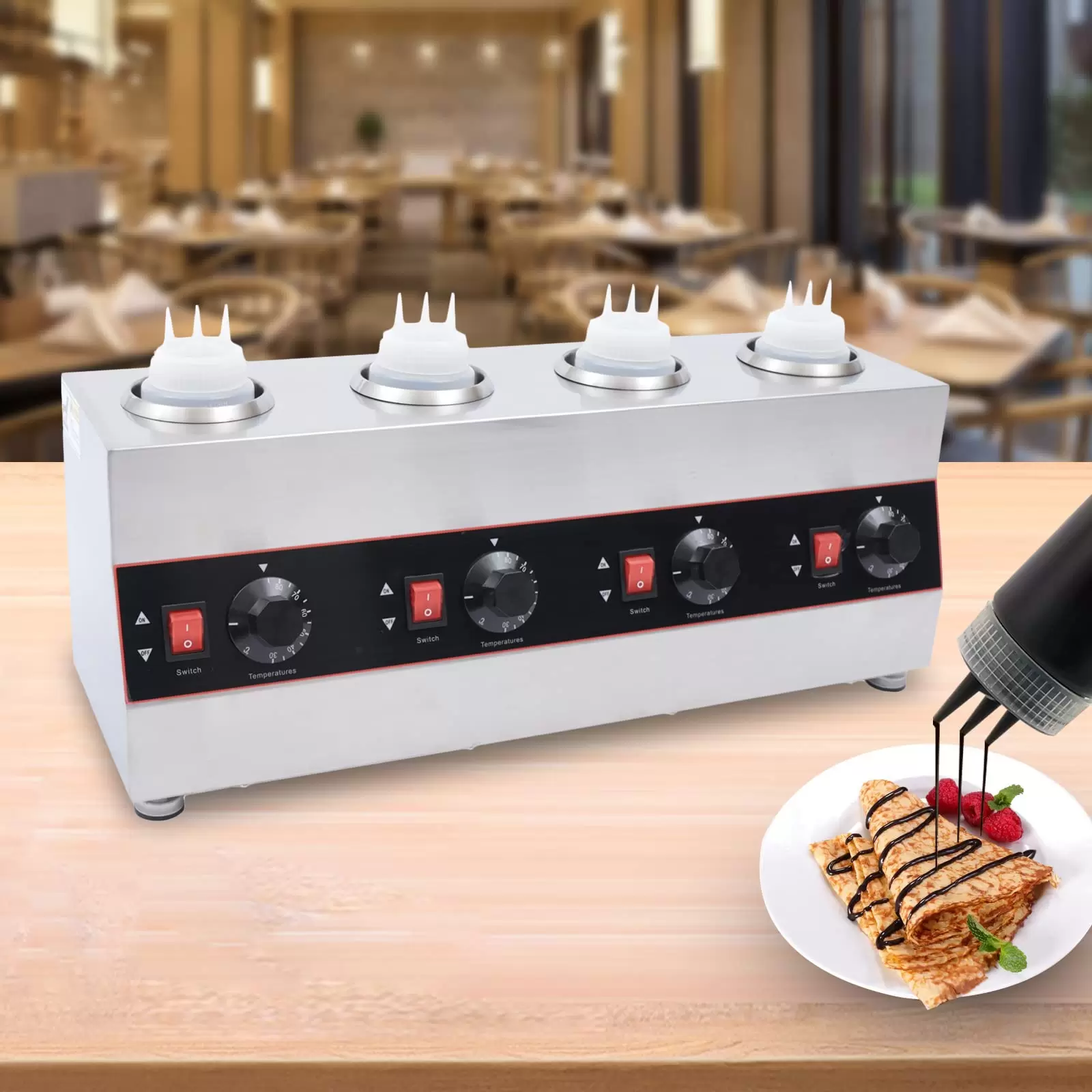 4 Flaschen Elektrischer Soßenwärmer, Kommerzieller Saucenkopf Saucenpumpe für Heiße Schokolade Käse Marmelade Heizgeräte Werkzeug zum Gießen von Sauce