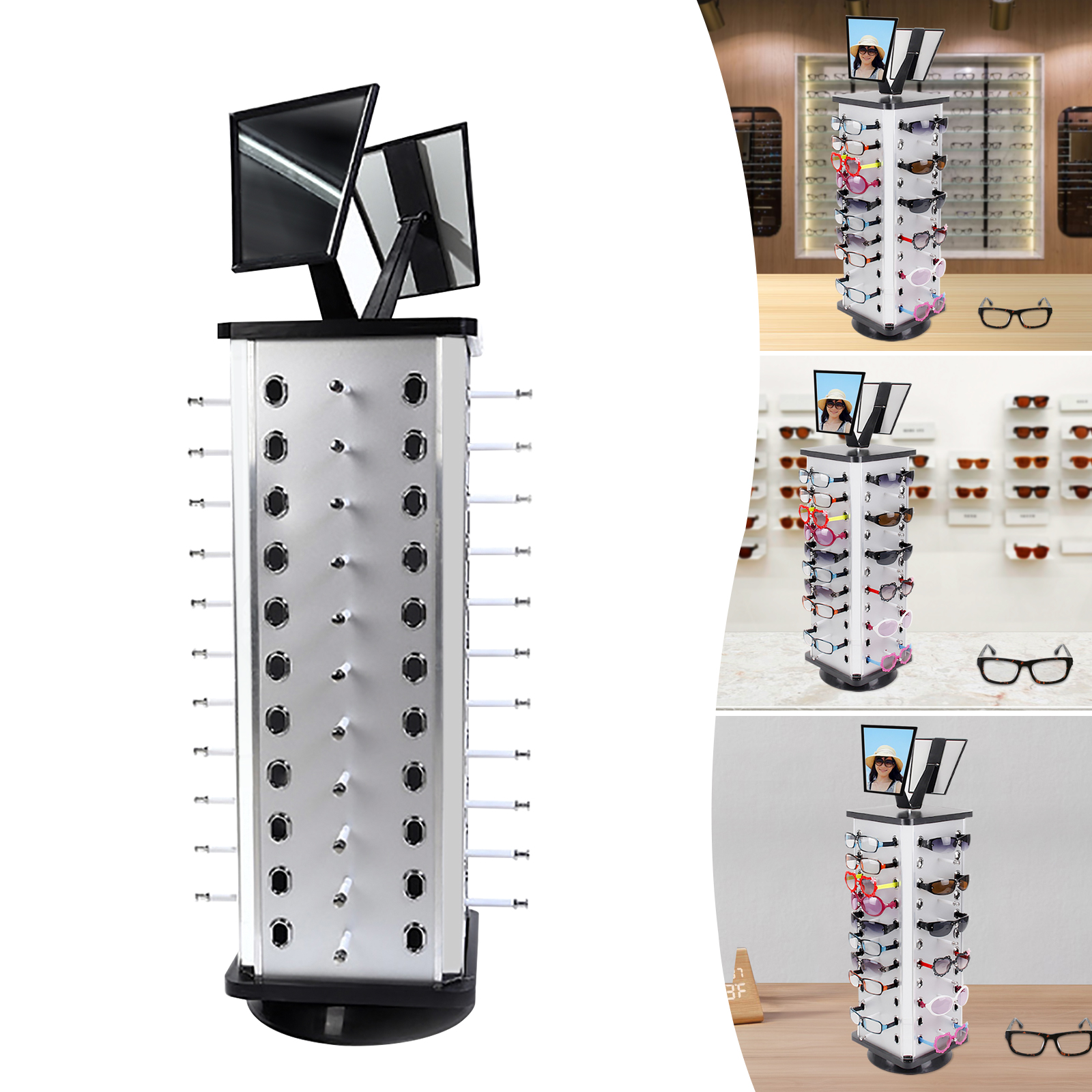 CNCEST 360° Drehende Sonnenbrillen Brillenhalter Quadrat Ausstellungsständer + Spiegeln