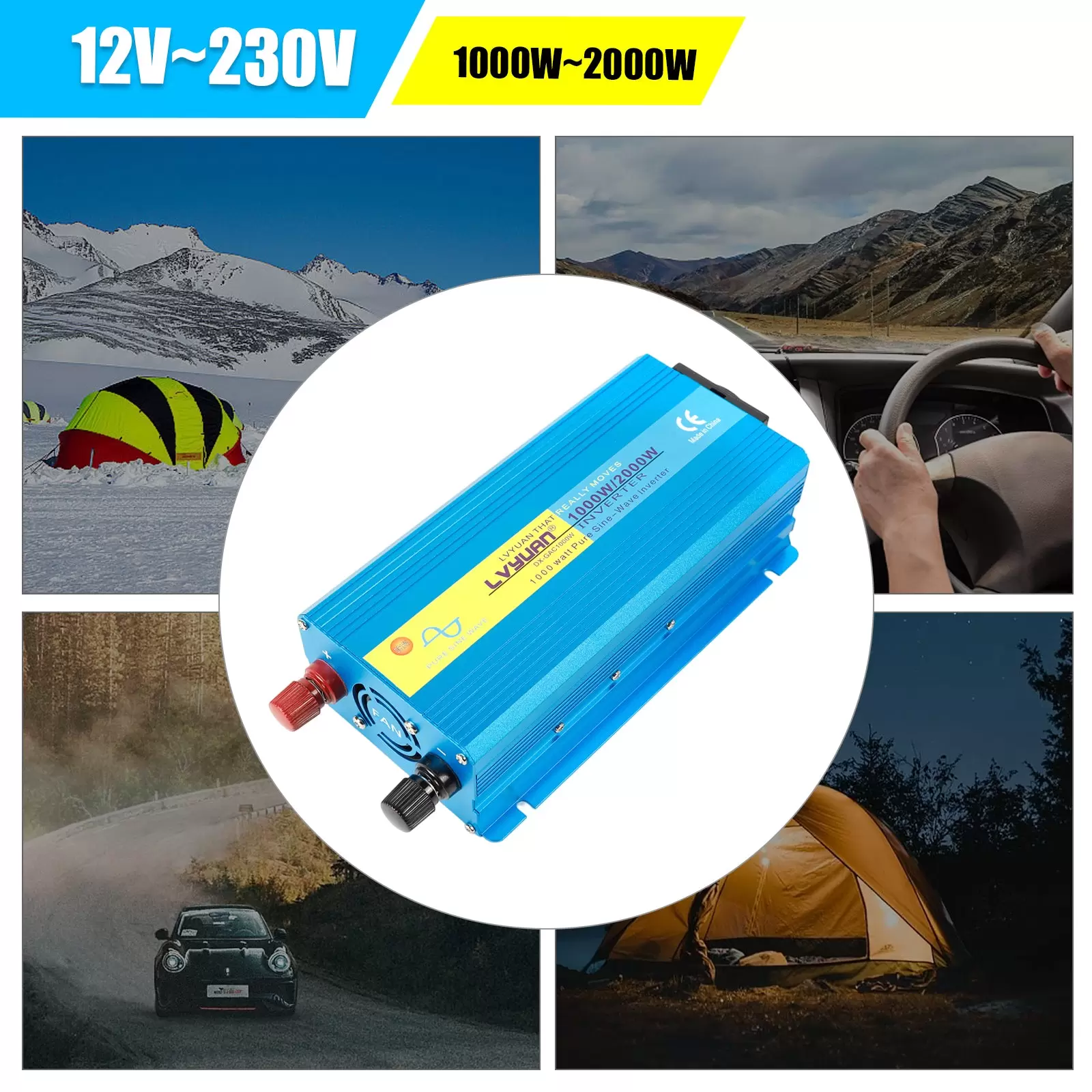 12V-230V 1000W/2000W Spannungswandler Reiner Sinus Wechselstrom Wechselrichter