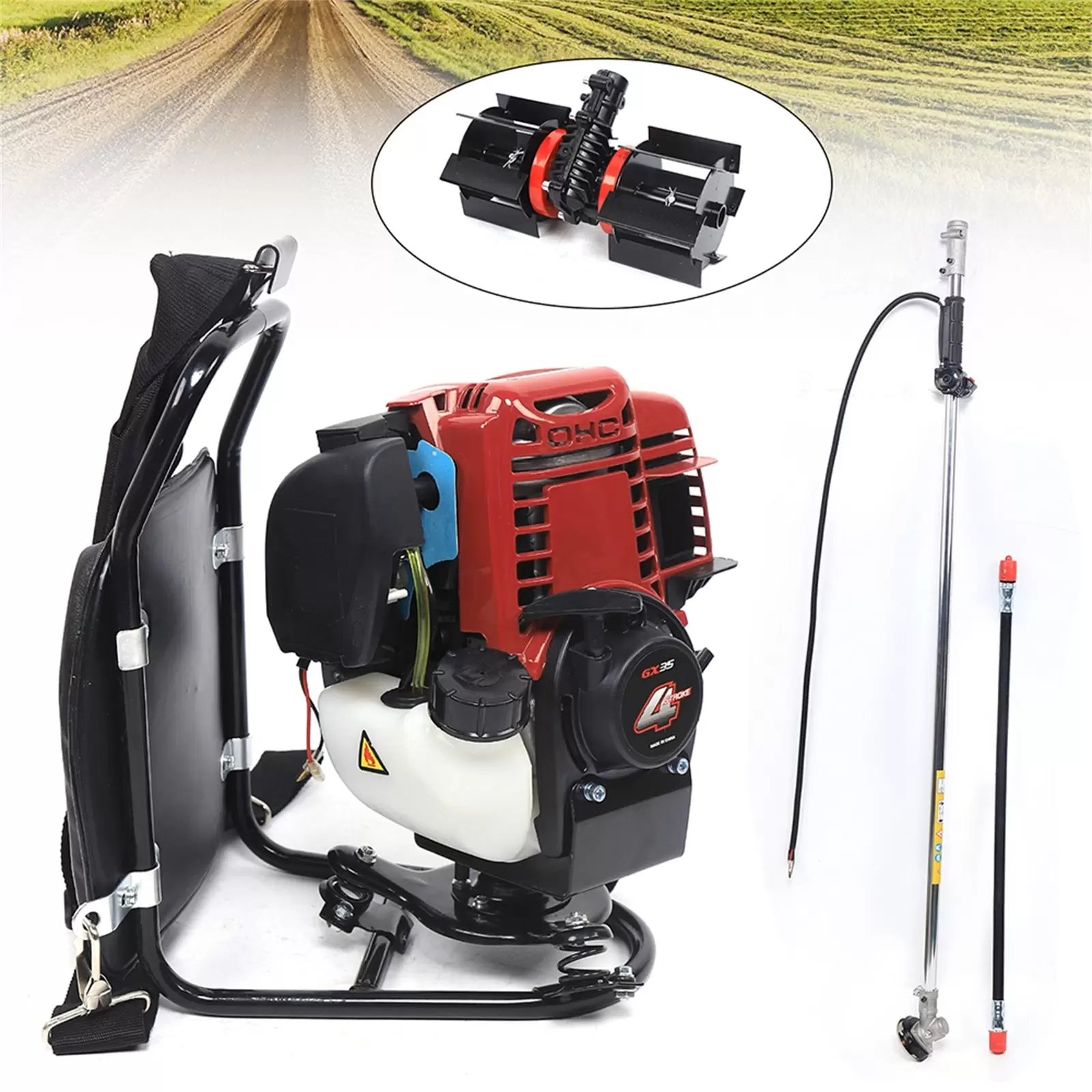 Benzin Motorsense Rückentragbare 4-Takt Motorsense 2 in 1 Freischneider 1,4 PS,4500-8500 U/min Tragegurt Rasentrimmer