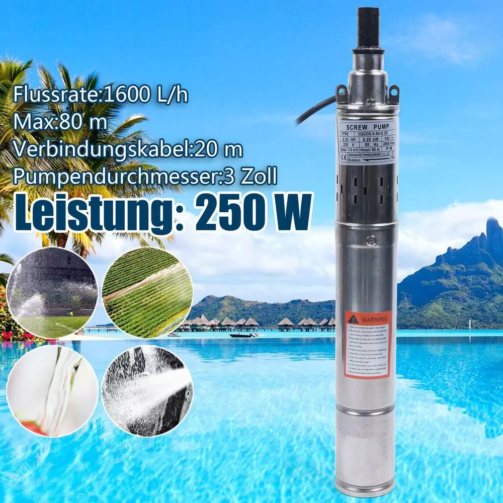 3 Zoll 1600 L/H 250W 80 M Brunnenpumpe Schraubenpumpe Tiefbrunnenpumpe 20M Kabel Sandverträ