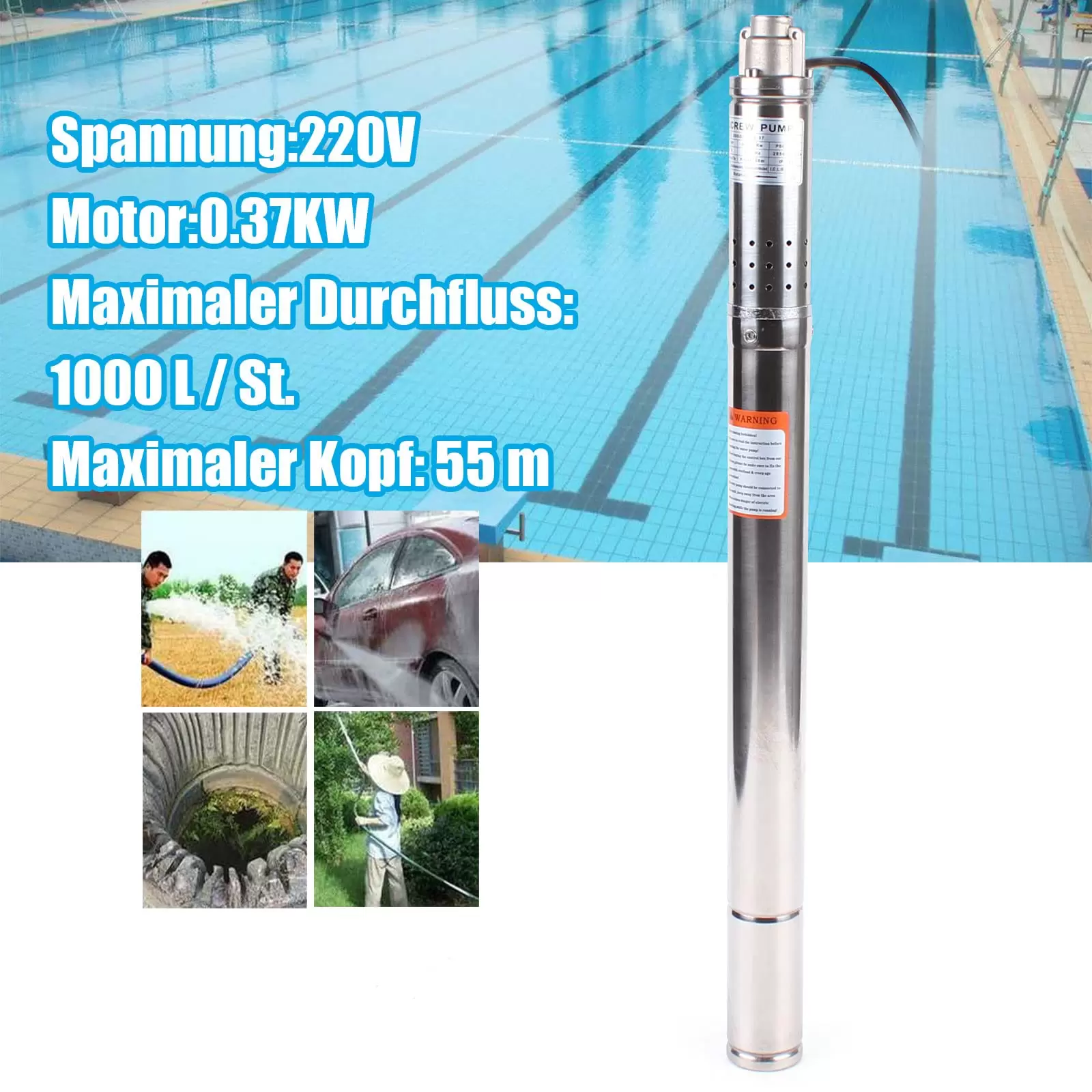 2 Zoll 370W Tiefbrunnenpumpe Edelstahl  Tauchpumpe Wasserpumpe Pumpendurchmesser