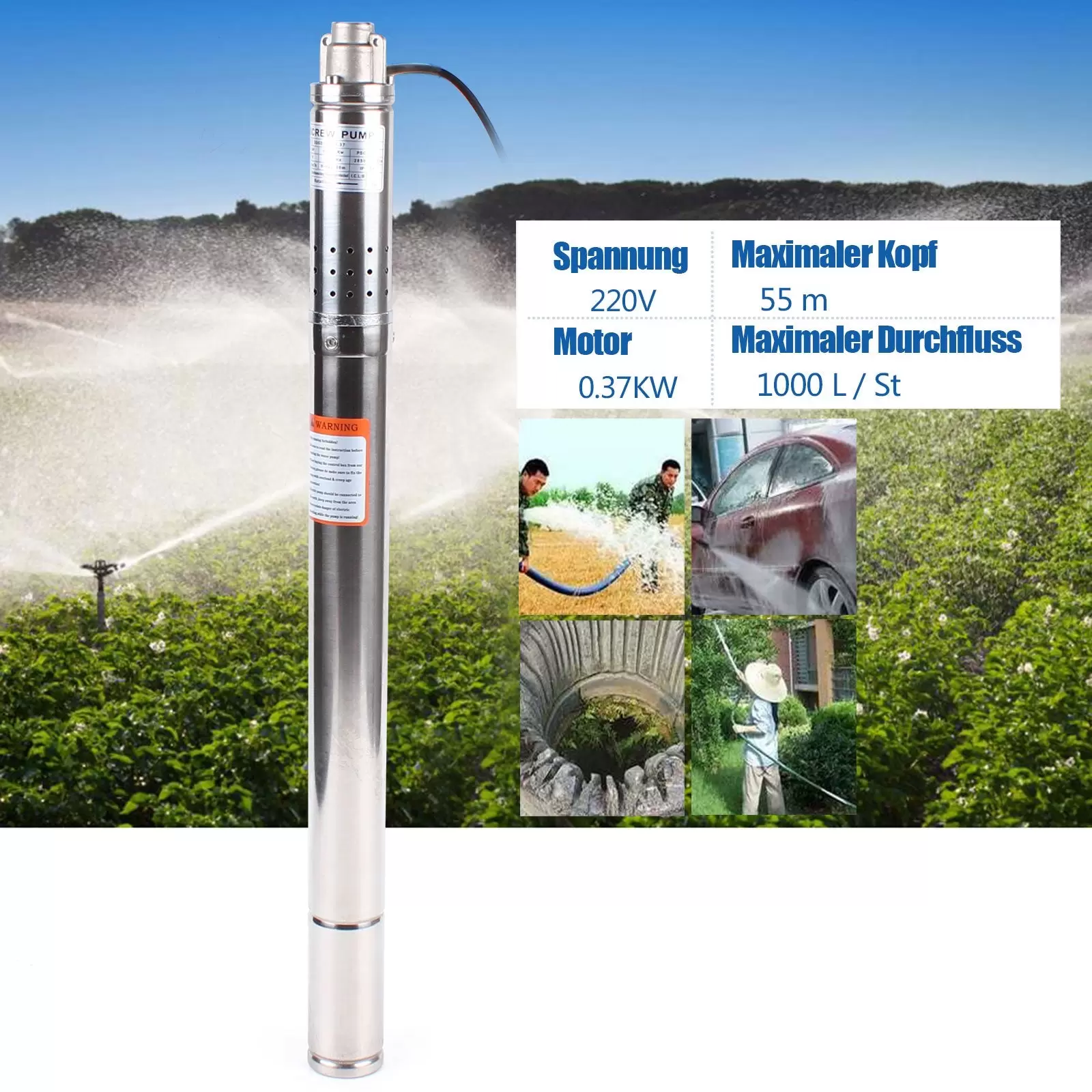 2 Zoll 370W Tiefbrunnenpumpe Edelstahl  Tauchpumpe Wasserpumpe Pumpendurchmesser
