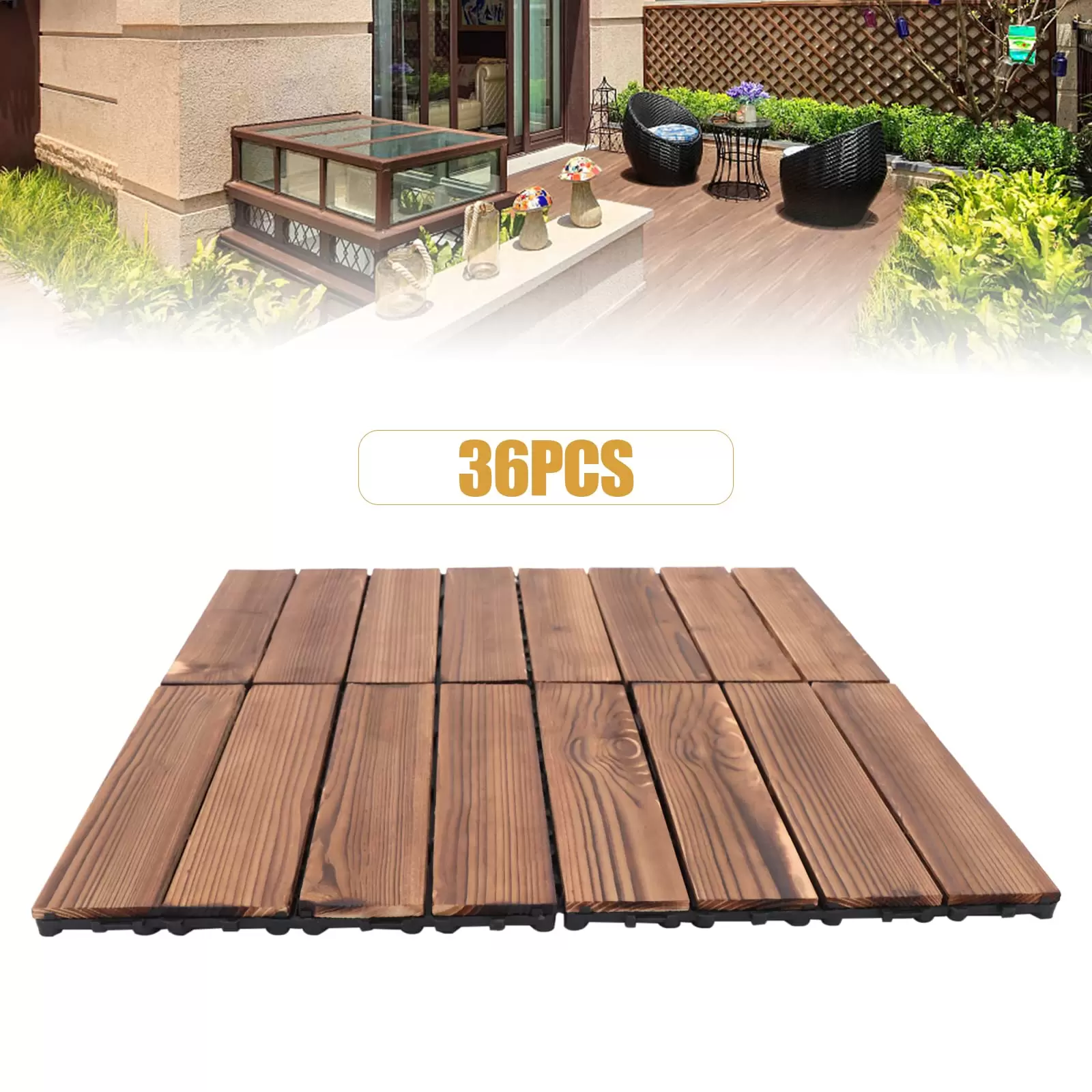 36 Stück Terrassenfliesen aus Holz Hartholz, ineinandergreifende Bodenfliesen Terrassenfliesen