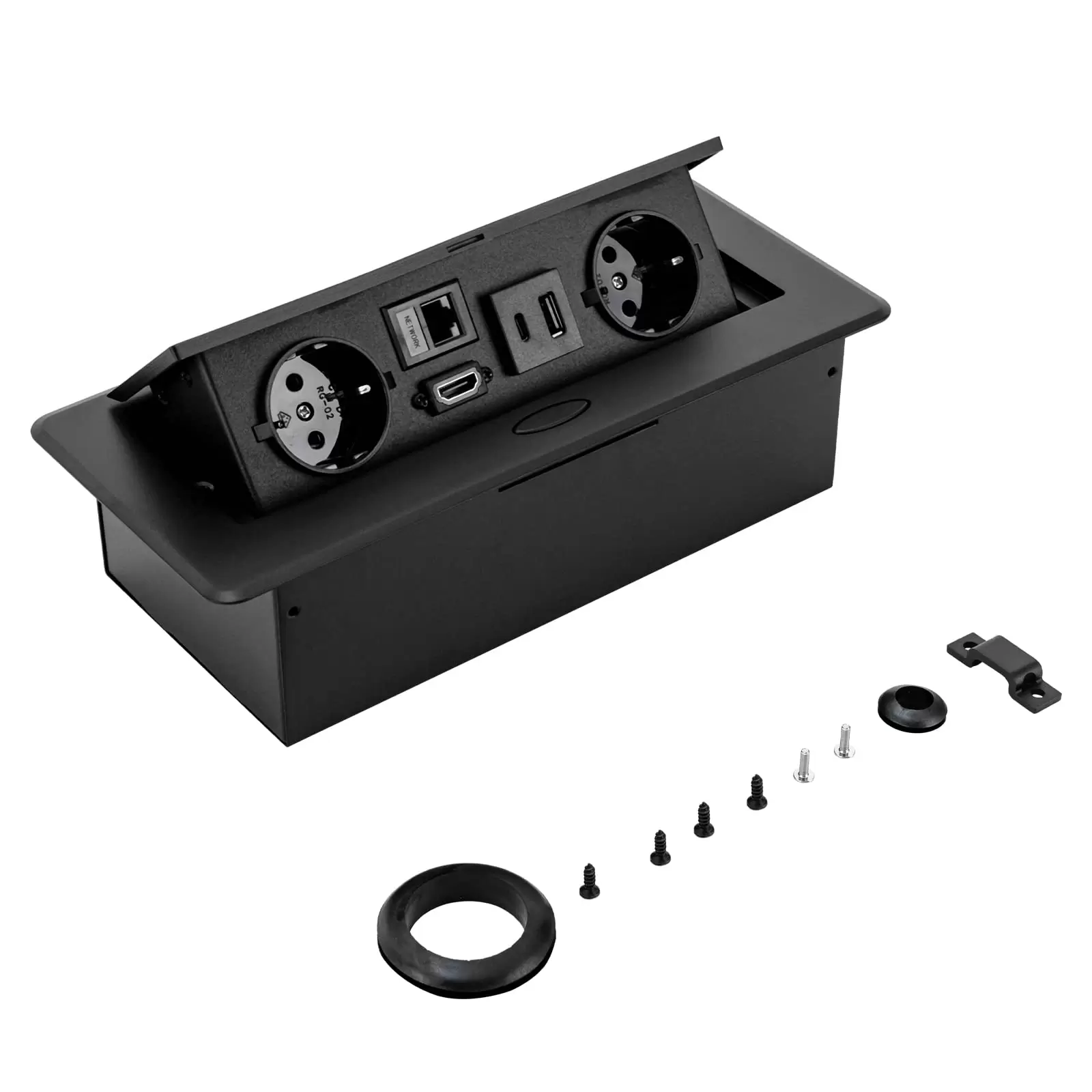 Einziehbare Tischsteckdose Steckdosen mit 2 EU LAN HDMI und 5V 2A USB Typec Ladegeräten Schwarz