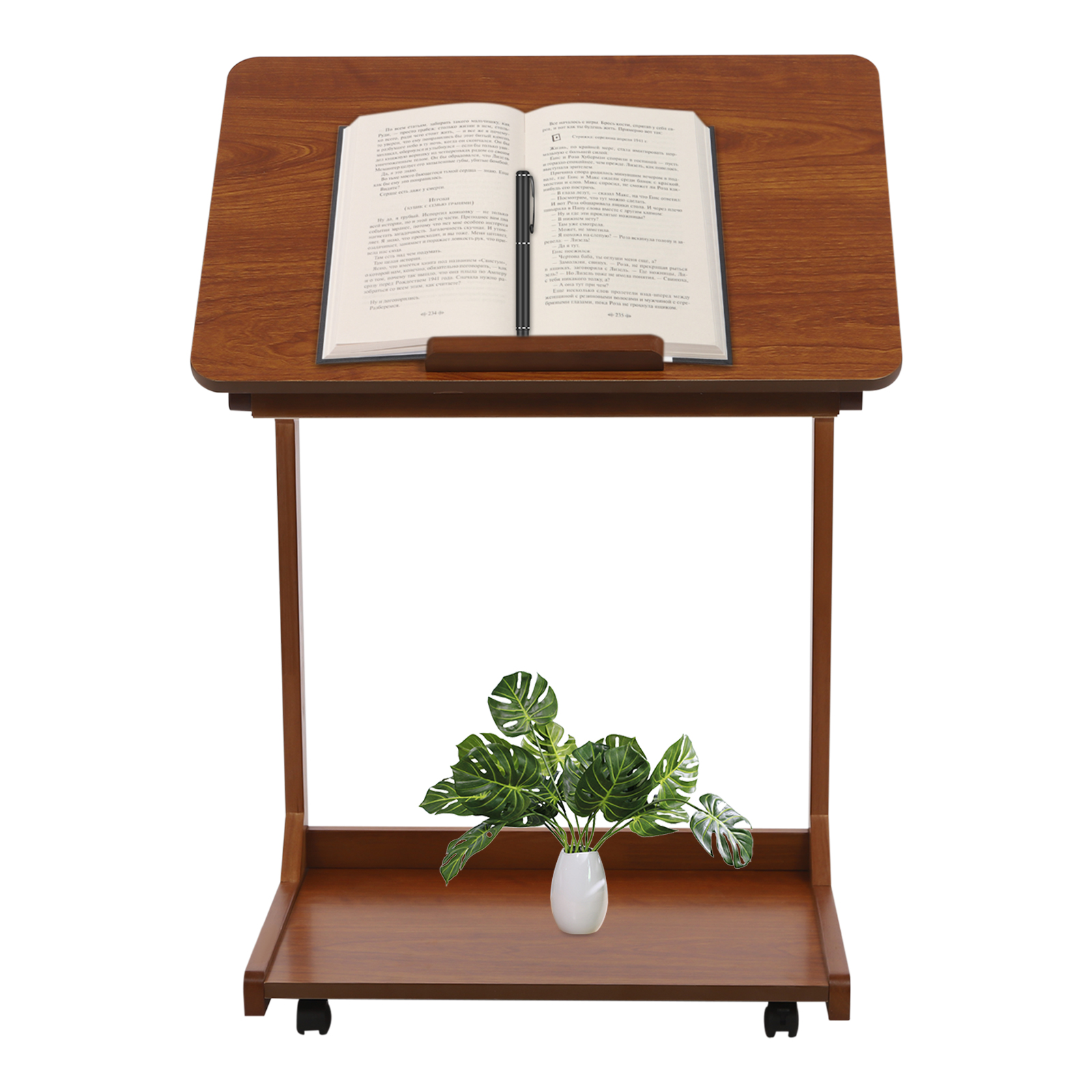 C-vormige tafel, afneembare klaptafel met wielen, banktafel kan naast de bank worden geplaatst voor drankjes en snacks - Walnootkleur