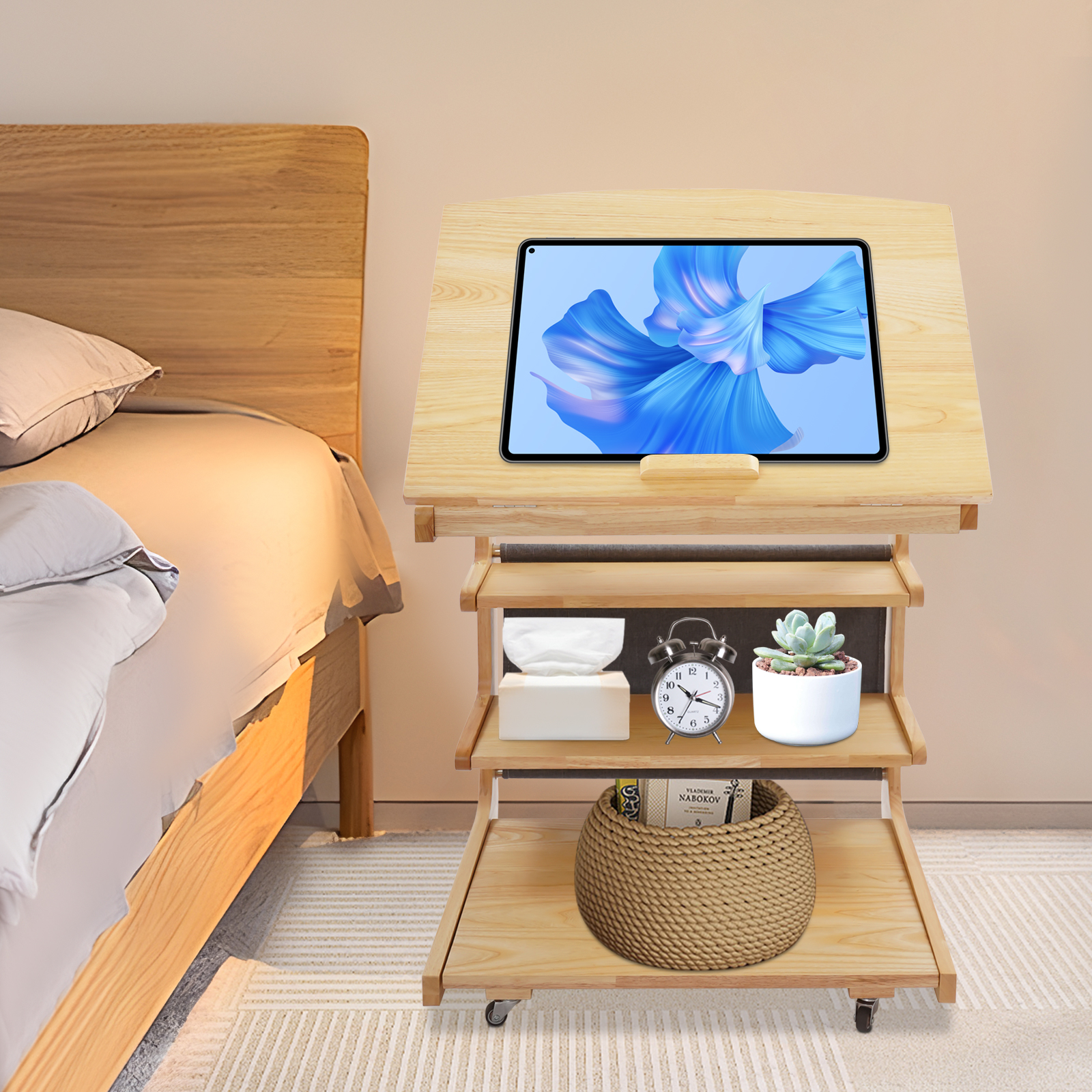Table mobile en C à 4 niveaux avec couvercle rabattable, 60 cm, couleur bois d'origine