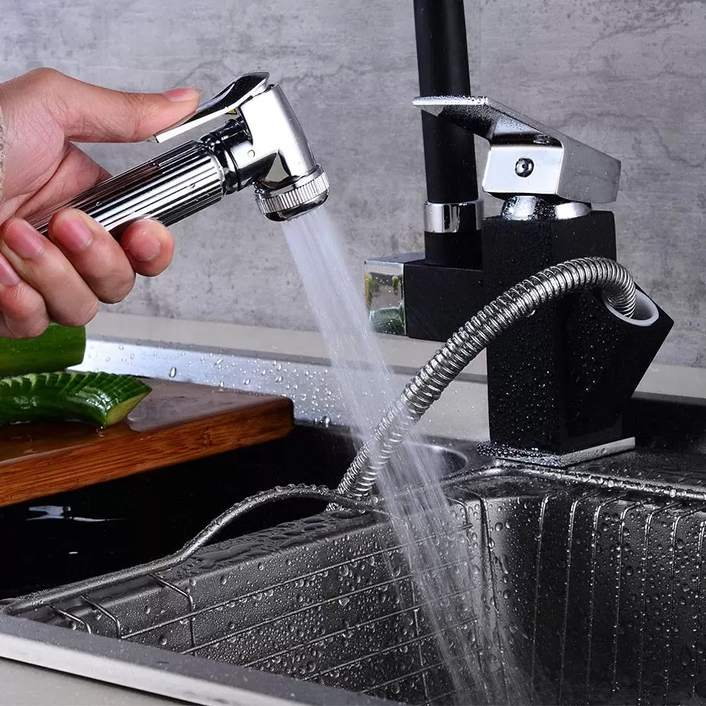 Küchenarmatur Wasserhahn Einhebel-Spül Mischer mit Ausziehbarem Spray 360° Drehbar Schwarz