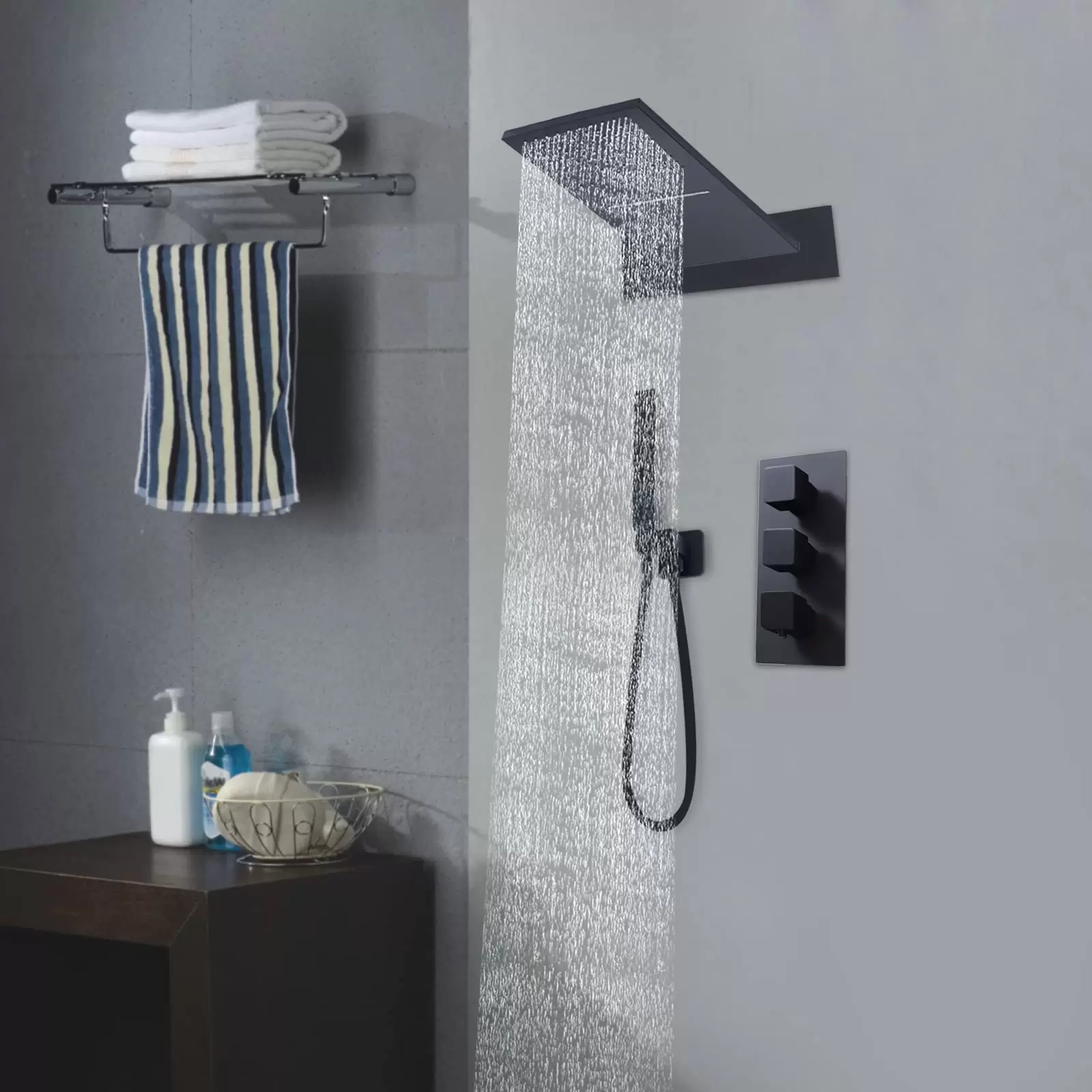 Unterputz-Brausearmaturenset Schwarz Thermostat-Brausesystem Regenbrause-Set mit Duschkopf Handbrause für Badewannen