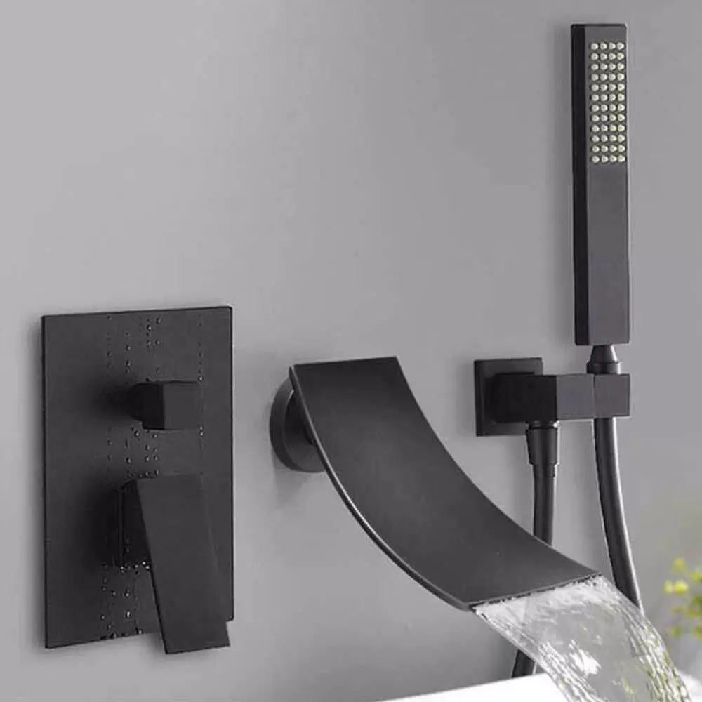 Wasserfall Bad Armaturen Badewanne Wasserhähne Wand Montiert Handbrause Schwarz