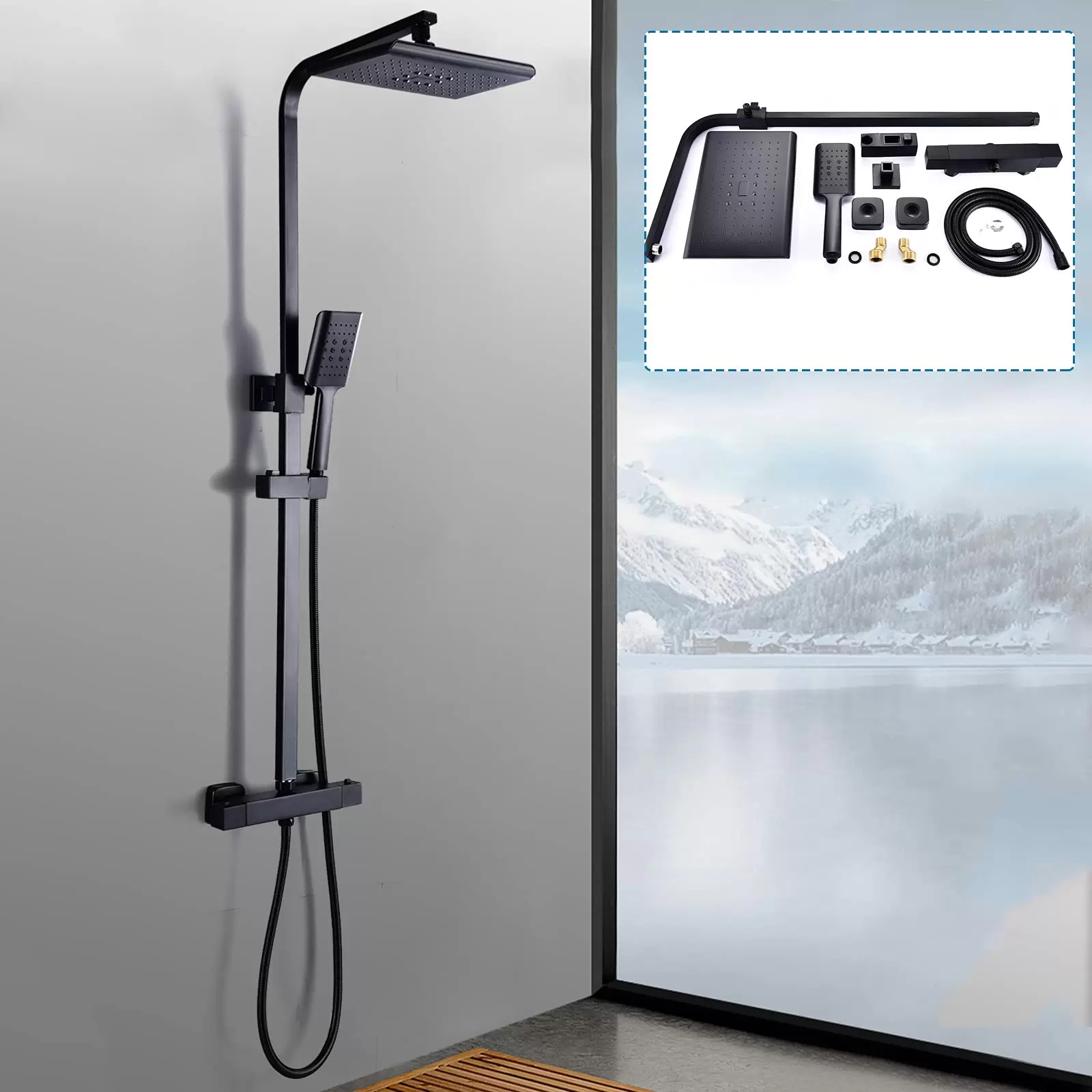 360 Grad Gedreht Duschsystem Mit Thermostat 38 ° C Duscharmatur Regendusche Schwarz