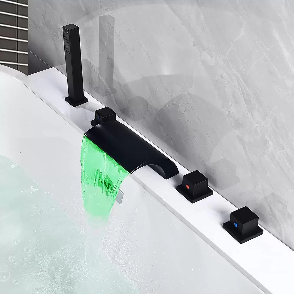 5 Einheiten Wasserfall Badewannenarmatur mit LED Licht Schwarz  Ausziehbar Handbrause Einziehbar Schlauch