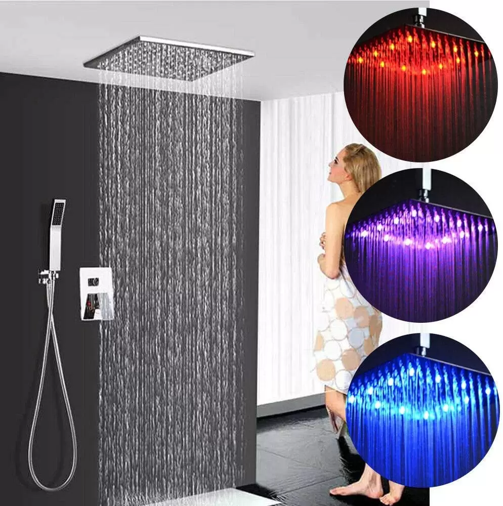 30 * 30cm Quadratisch Duschset mit LED Regen Kopfbrause und Handbrause