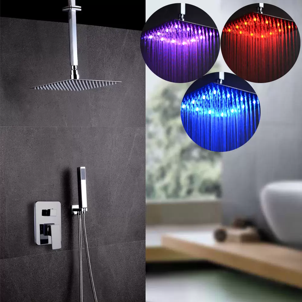 30 * 30cm Quadratisch Duschset mit LED Regen Kopfbrause und Handbrause