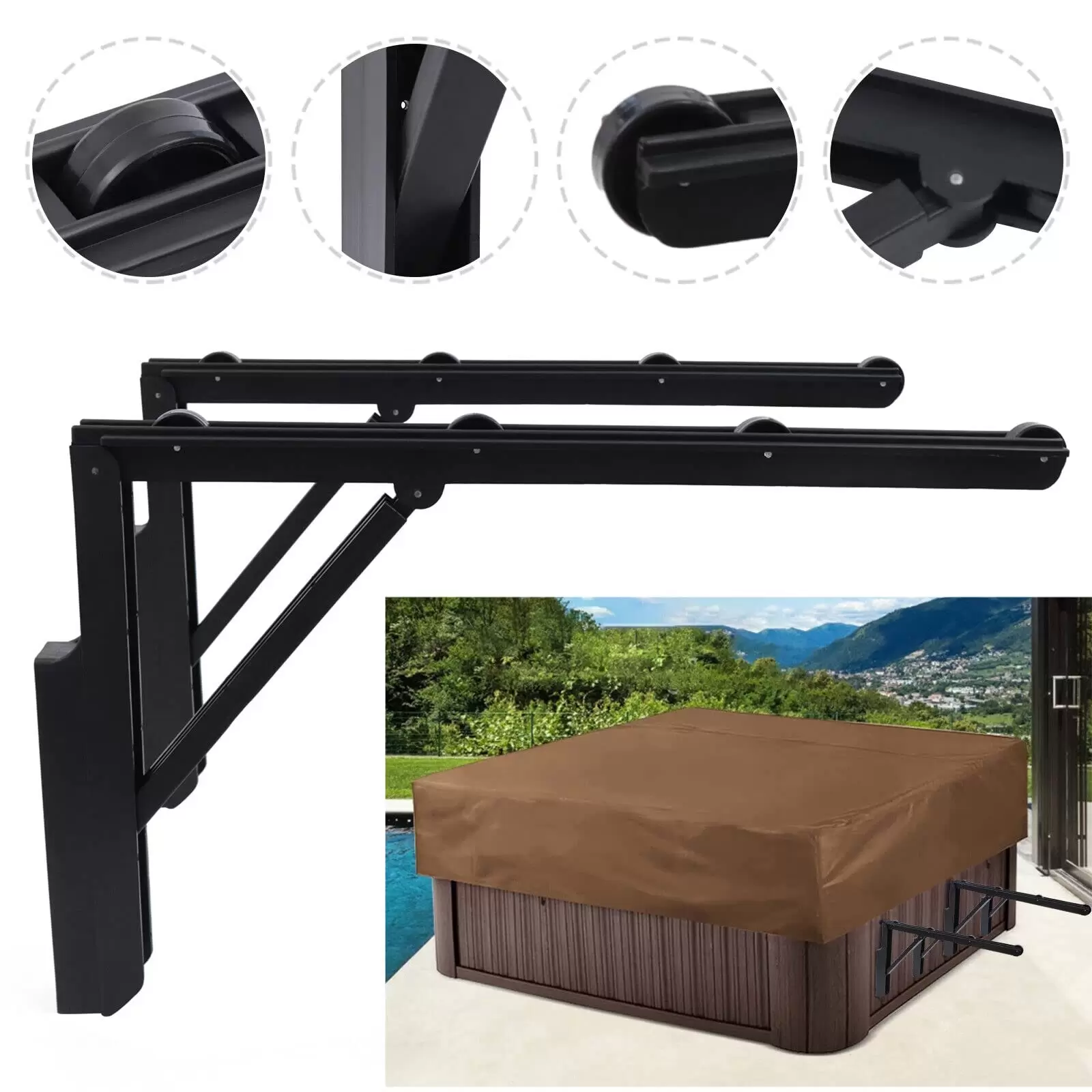 Coverlifter für Whirlpool Spa Hotub Abdeckung Schönheitssalons Außenpool Cover Roller, 77.16lbs Tragfähigkeit, Schwarz