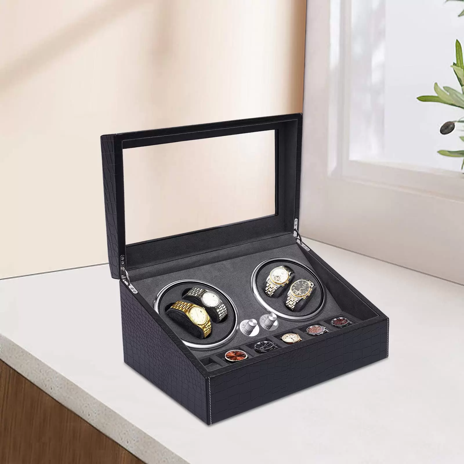 4+6 Uhr Box Automatische Uhrenbeweger aus PU für Uhrenshop Sammler Geschenk Schaukasten