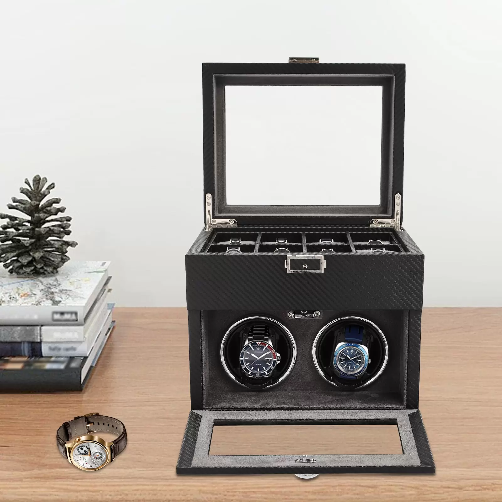 Automatische Uhrenbeweger Box 2+8 Uhren PU Leder Watch-Winder mit Leisen Motoren, LED Beleuchtung
