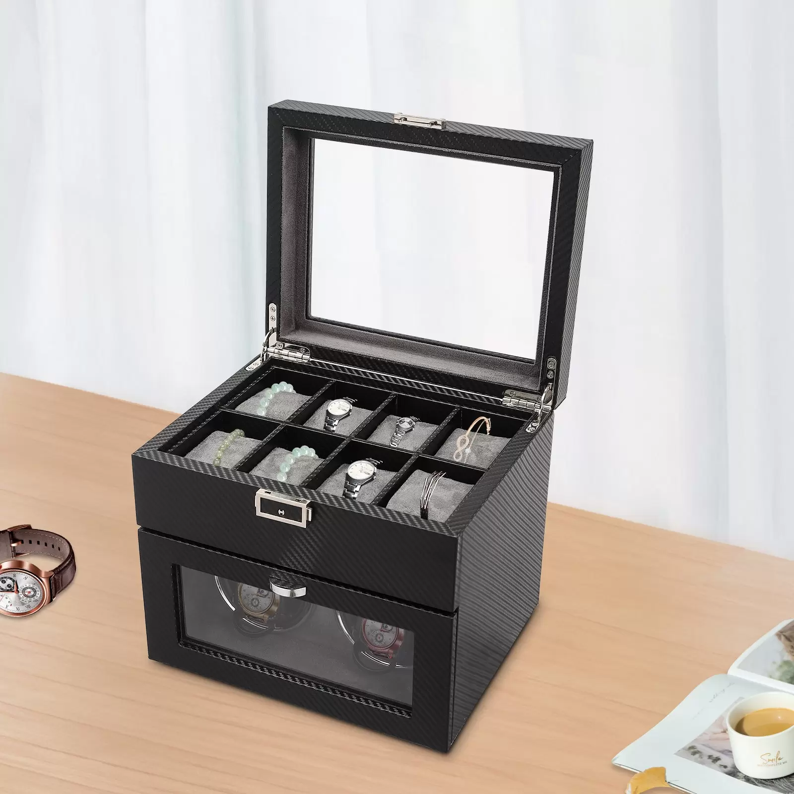 Automatische Uhrenbeweger Box 2+8 Uhren PU Leder Watch-Winder mit Leisen Motoren, LED Beleuchtung