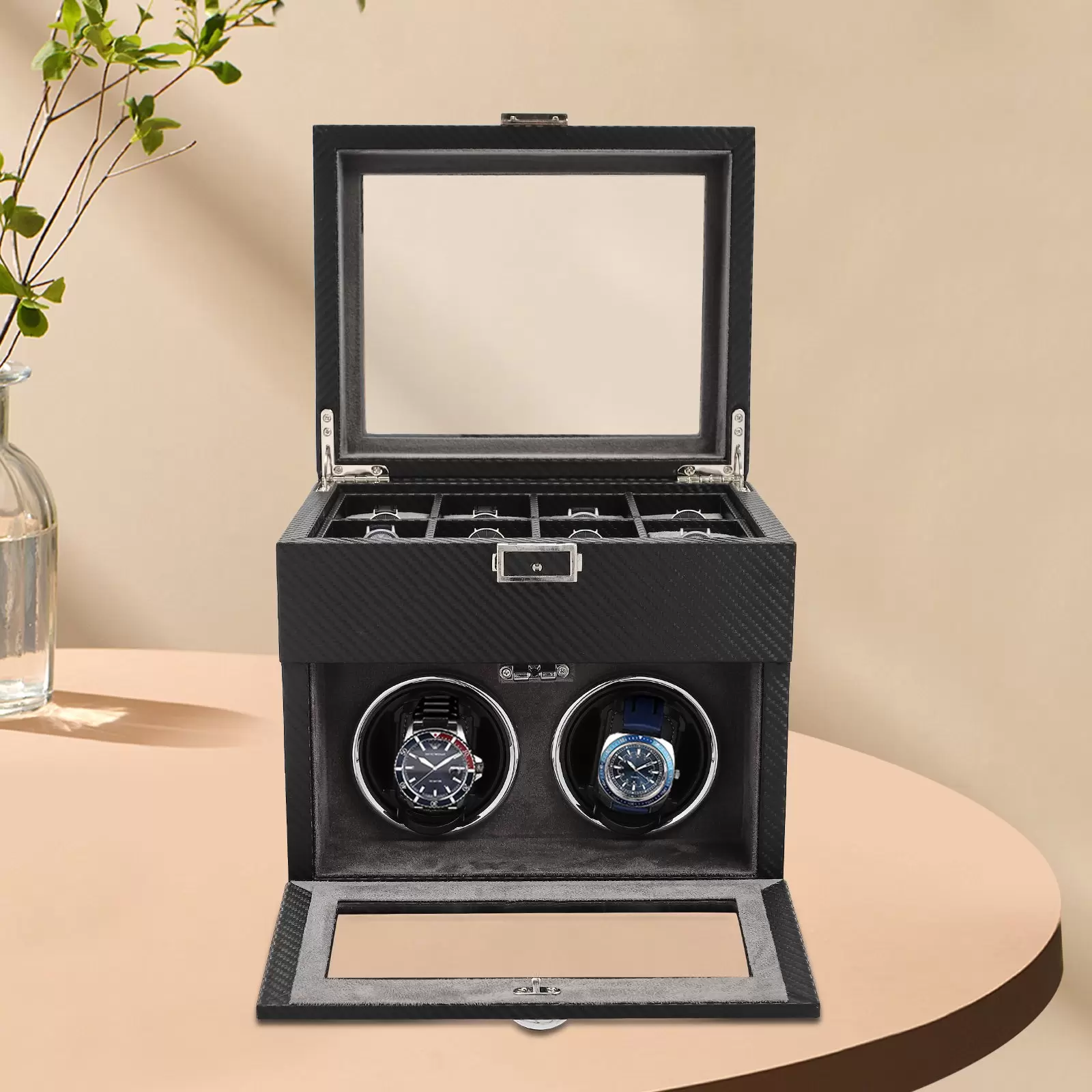 Automatische Uhrenbeweger Box 2+8 Uhren PU Leder Watch-Winder mit Leisen Motoren, LED Beleuchtung