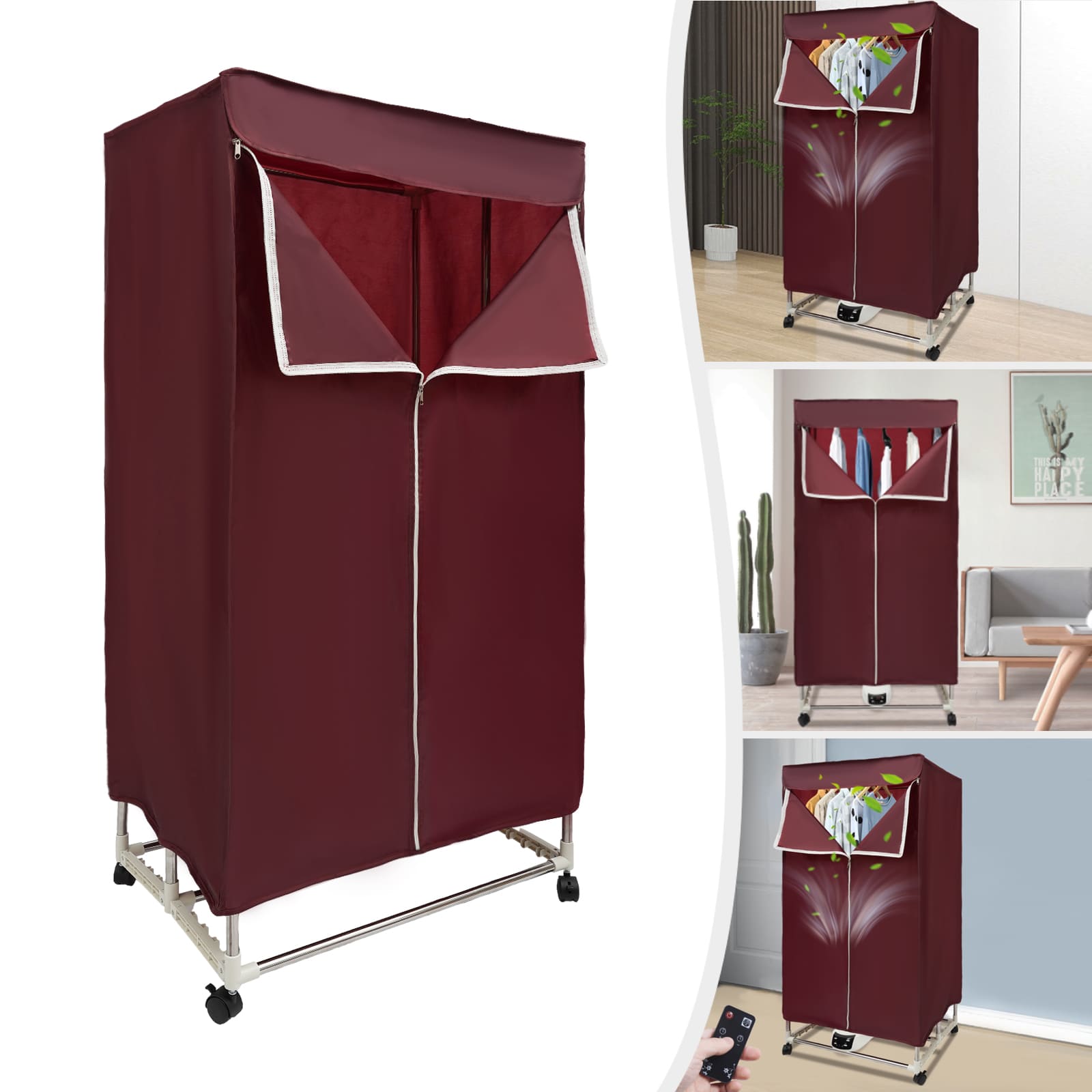 Elektrischer Trockner, 1500 W, mit Timer (0–240 Min.), Fernbedienung, doppellagig, Design-Trocknermaschine für Wohnungen, Zuhause, Reisen (Weinrot) Elektrischer Trockner, 1500 W, mit Timer (0–240 Min.), Fernbedienung, doppellagig, Design-Trocknermaschine für Wohnungen, Zuhause, Reisen (Weinrot)