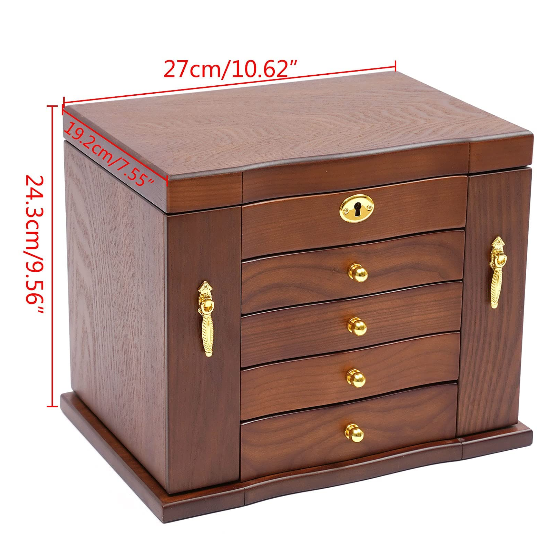 Holz Groß Schmuckkästchen 5 Ebenen Schmuckkoffer mit 5 Schubladen, 2 Ausklappbare Schränke und Spiegel
