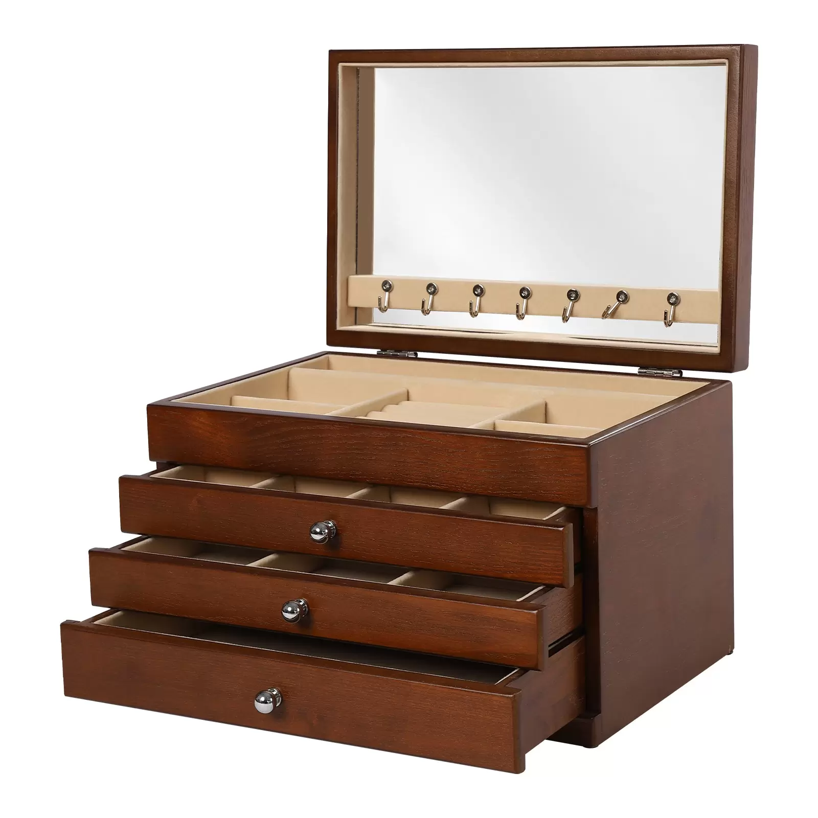 4-stufiger Schmuckkasten, hölzerner Schmuckorganisator, Schmuckaufbewahrung mit Schubladen, Samtauskleidung 4-stufiger Schmuckkasten, hölzerner Schmuckorganisator, Schmuckaufbewahrung mit Schubladen, Samtauskleidung