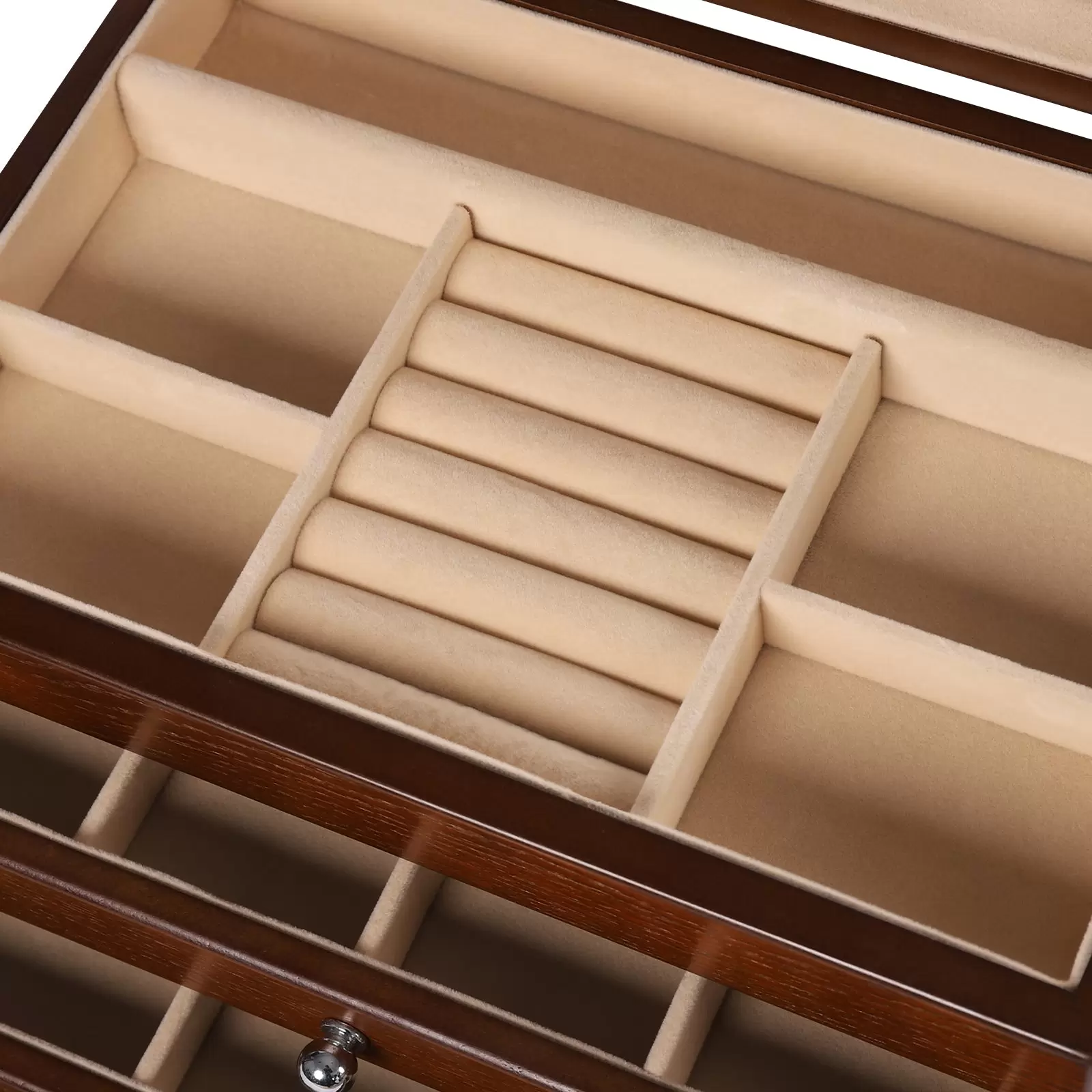 4-stufiger Schmuckkasten, hölzerner Schmuckorganisator, Schmuckaufbewahrung mit Schubladen, Samtauskleidung 4-stufiger Schmuckkasten, hölzerner Schmuckorganisator, Schmuckaufbewahrung mit Schubladen, Samtauskleidung