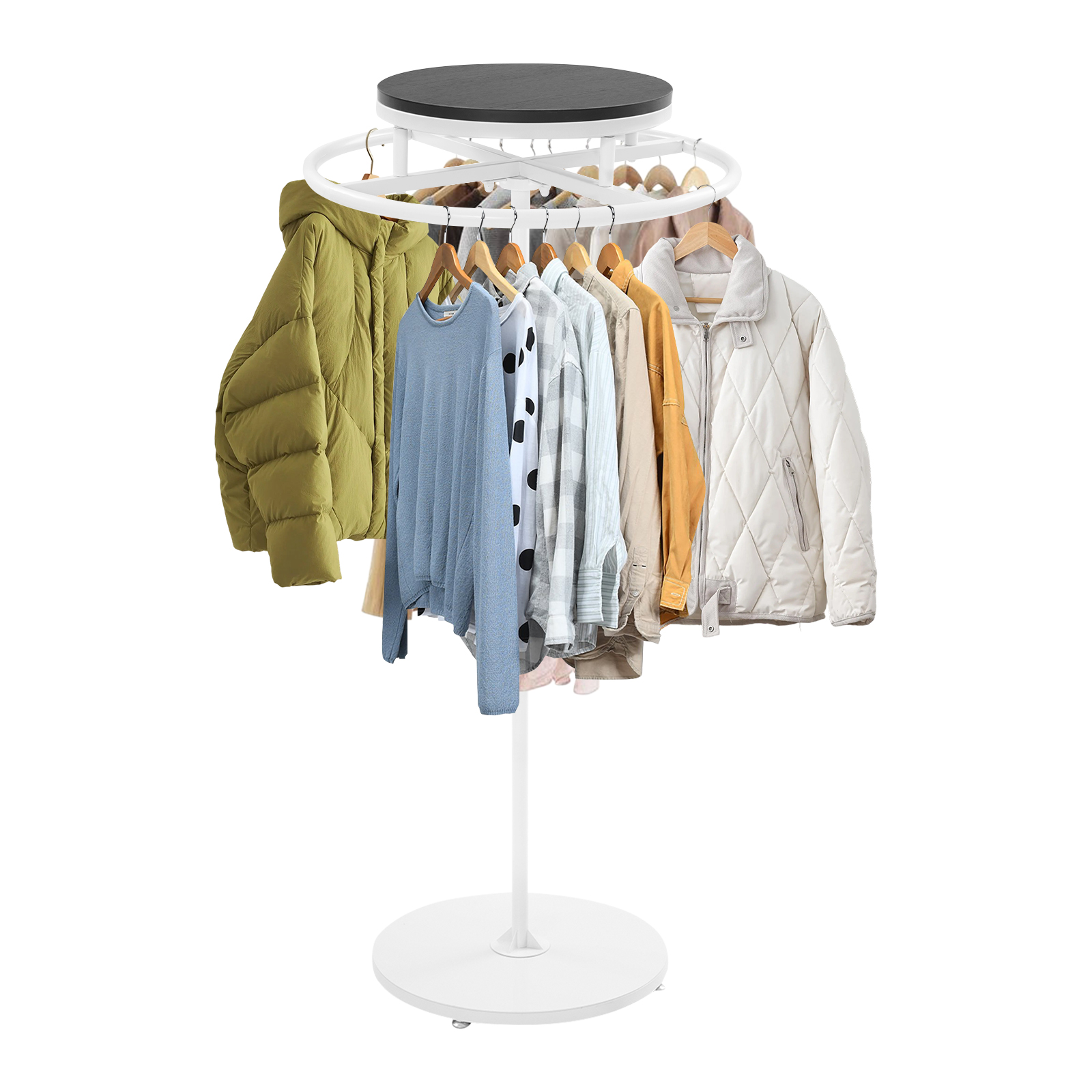Rond kledingrek, kledingdisplayrek, draaibaar kledingrek - zwart houten paneel & witte behuizing