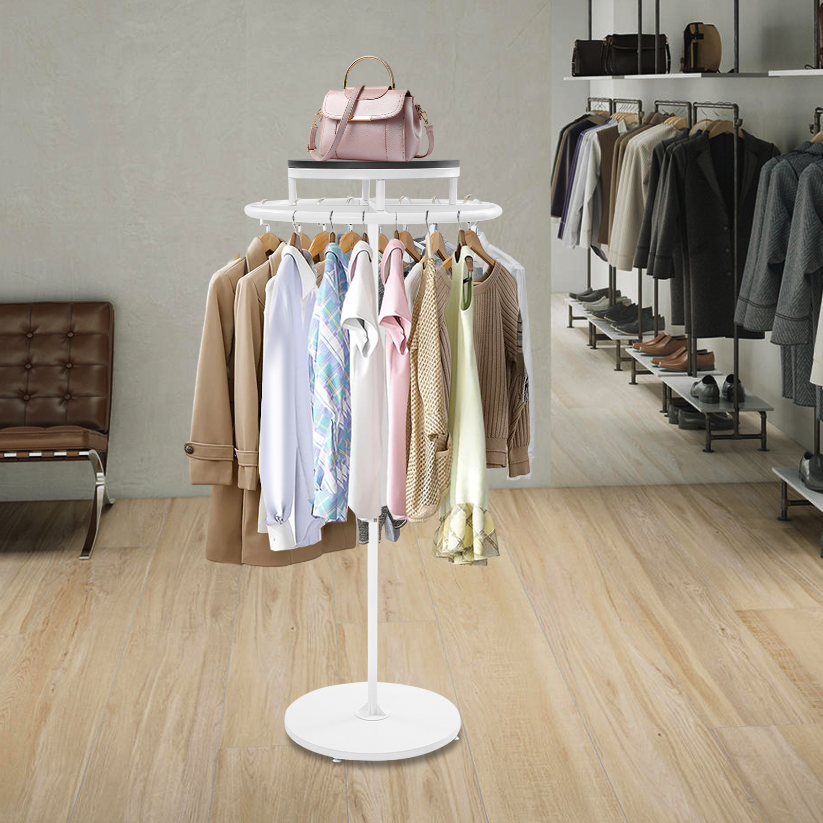 Rond kledingrek, kledingdisplayrek, draaibaar kledingrek - zwart houten paneel & witte behuizing