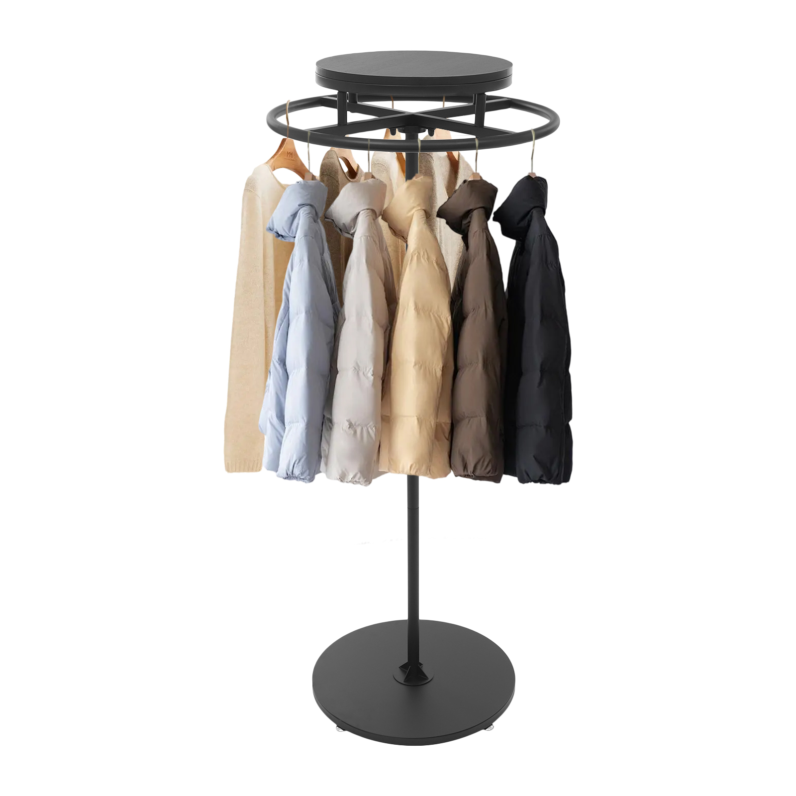 Rond kledingrek, kledingdisplayrek, draaibaar kledingrek - zwart houten paneel & zwarte behuizing