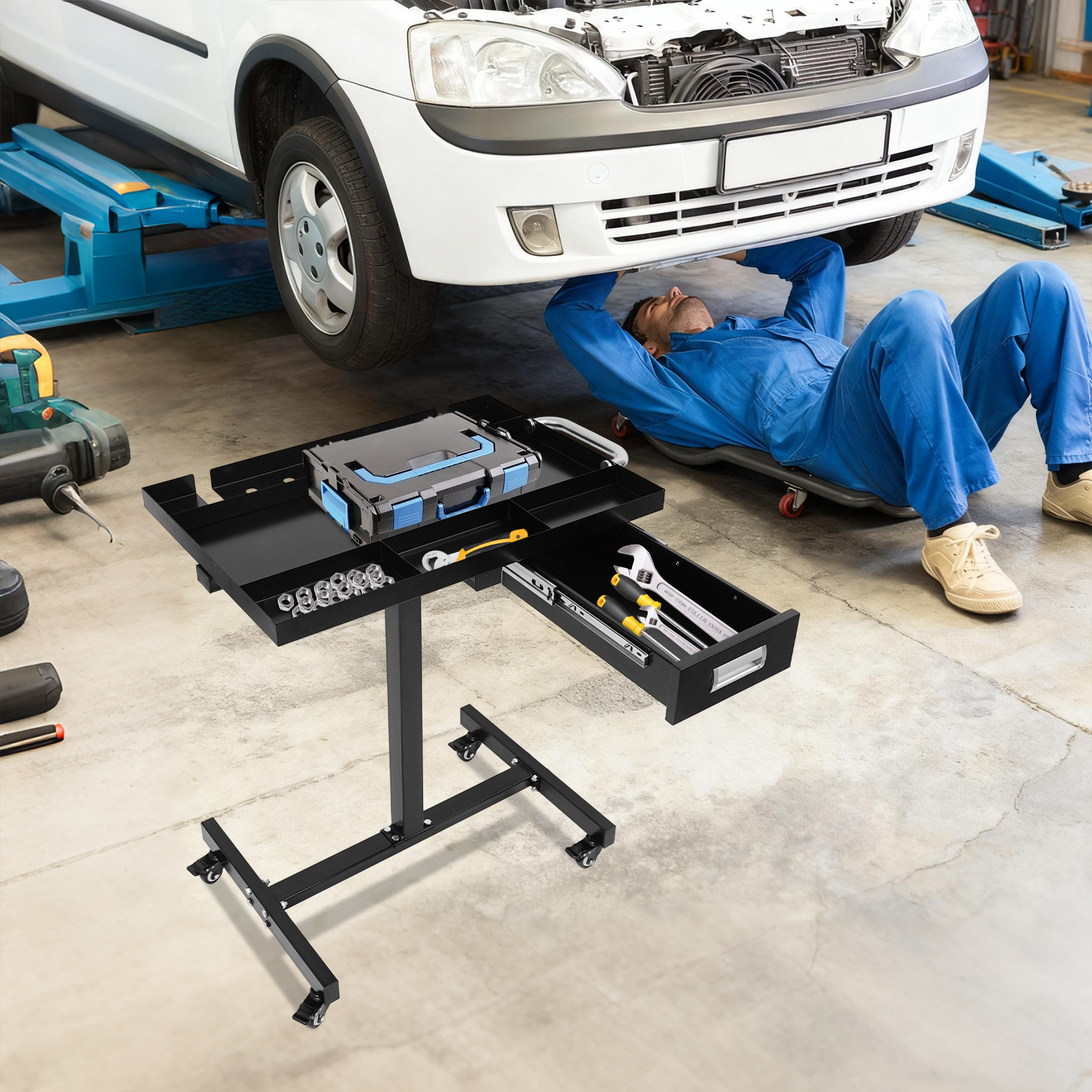 Rolling Tool Tray with Wheels, Work Table with Drawer, Rolling Work ...