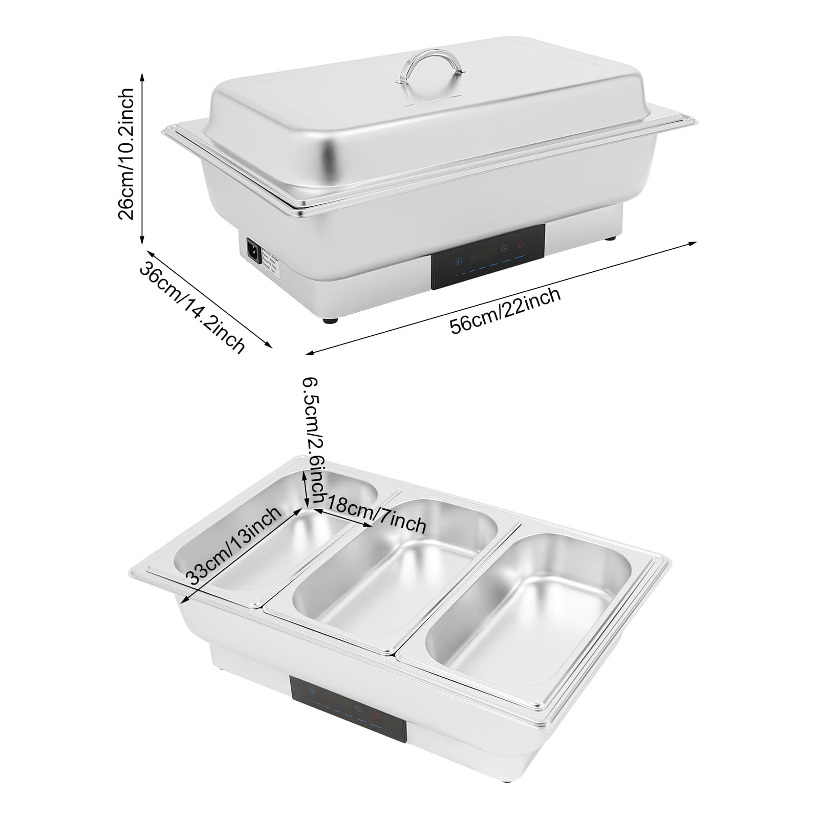 Electric heating touch temperature control dining stove - portable cover three compartments 9 liters, electric heating buffet plate set, stainless steel buffet server