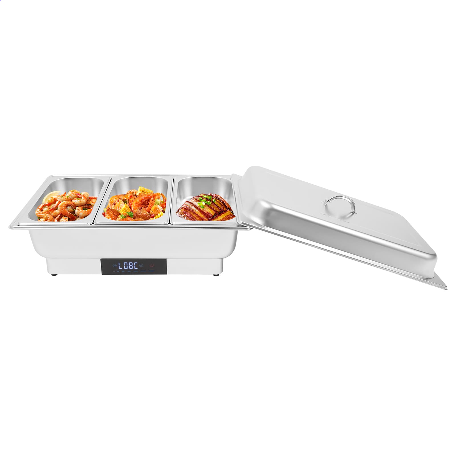 Electric heating touch temperature control dining stove - portable cover three compartments 9 liters, electric heating buffet plate set, stainless steel buffet server