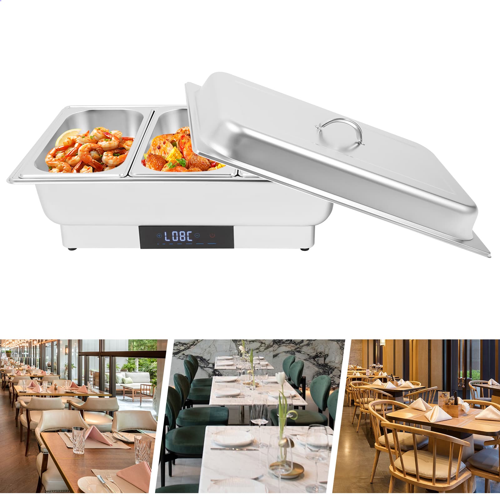 Electric heating touch temperature control dining stove - portable cover three compartments 9 liters, electric heating buffet plate set, stainless steel buffet server