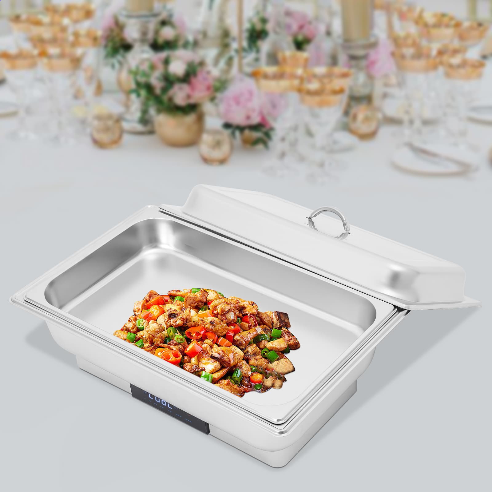 Electric heating touch temperature control dining stove - portable cover single grid 9 liters, electric heating buffet plate set, stainless steel buffet server