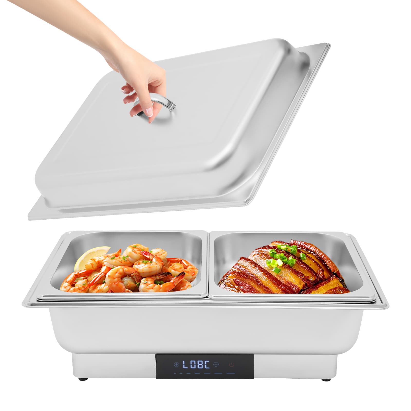 Electric heating touch temperature control dining stove - portable cover 1 single grid + 2 small grids,Stainless Steel Buffet Server, Food Warmer with Temperature Control for Buffets