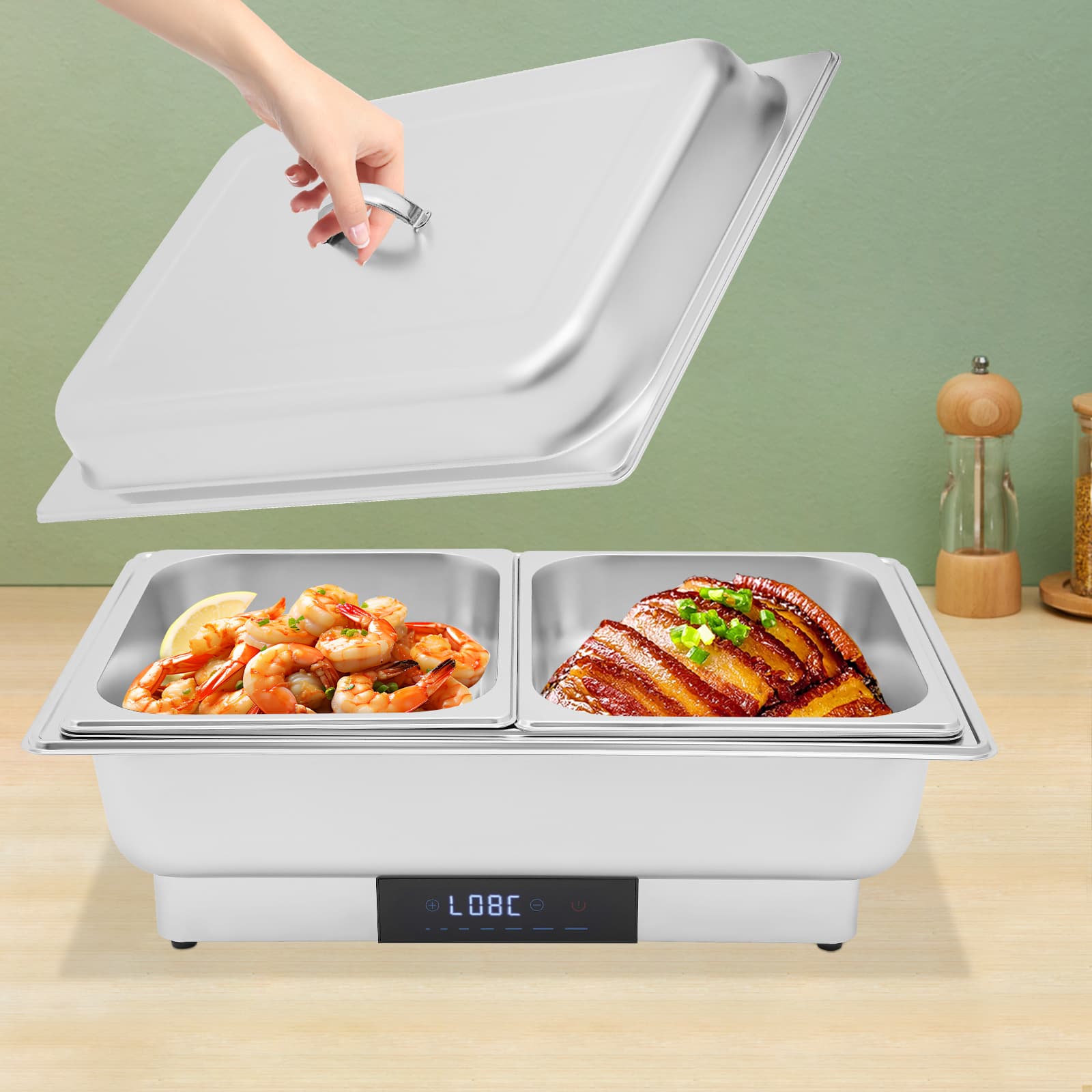Réchaud à chauffage électrique tactile à température contrôlée - couvercle portable 1 grille simple + 2 petites grilles, ensemble d'assiettes de buffet chauffantes électriques