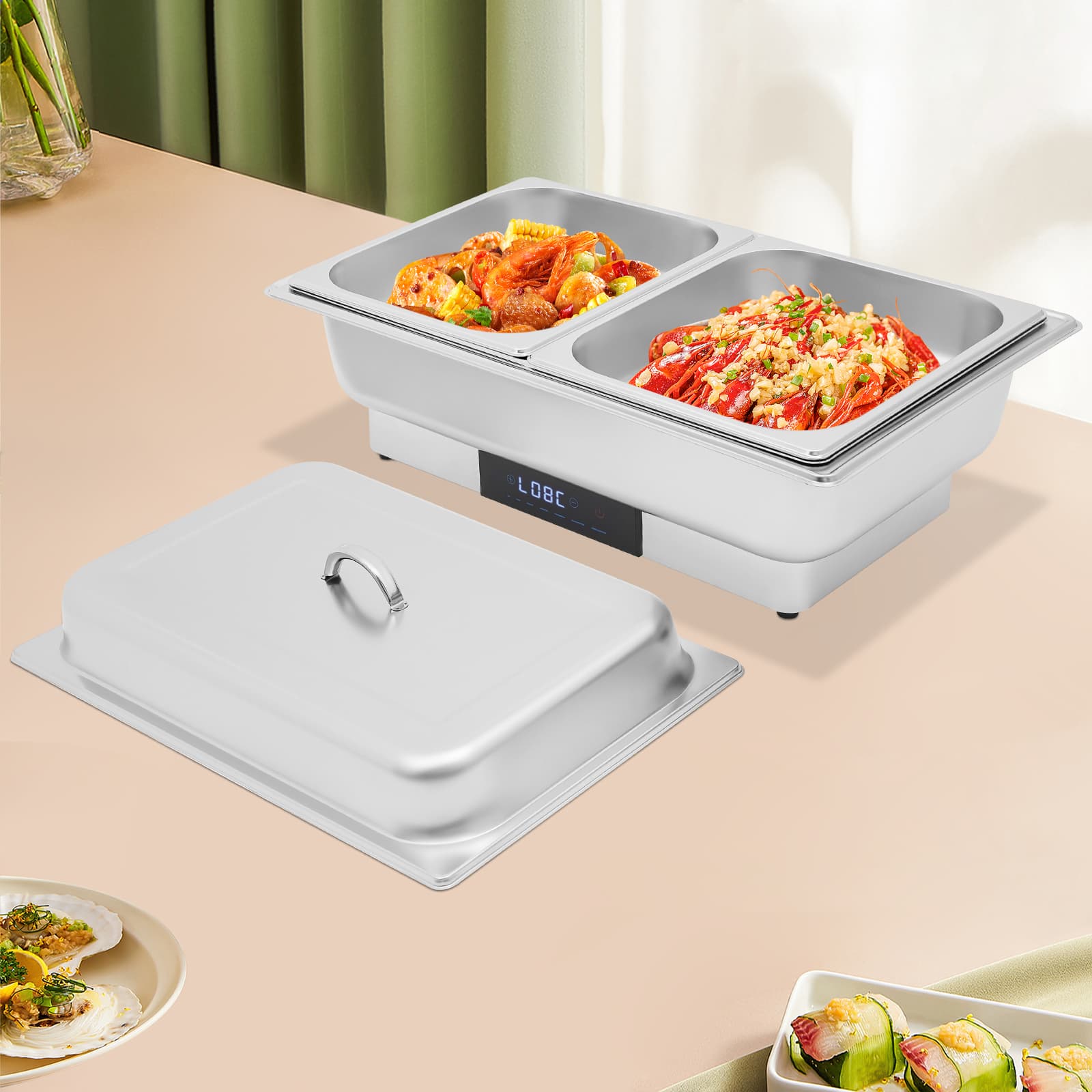 Réchaud à chauffage électrique tactile à température contrôlée - couvercle portable 1 grille simple + 2 petites grilles, ensemble d'assiettes de buffet chauffantes électriques