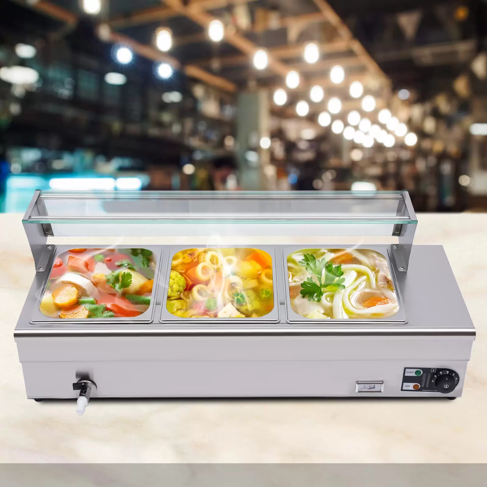 1200W Buffetwärmer mit Thermometer und Ablasshahn 3 x 6 L Edelstahl Buffetwärmer Speisenwärmer elektrisch Buffet Wärmer