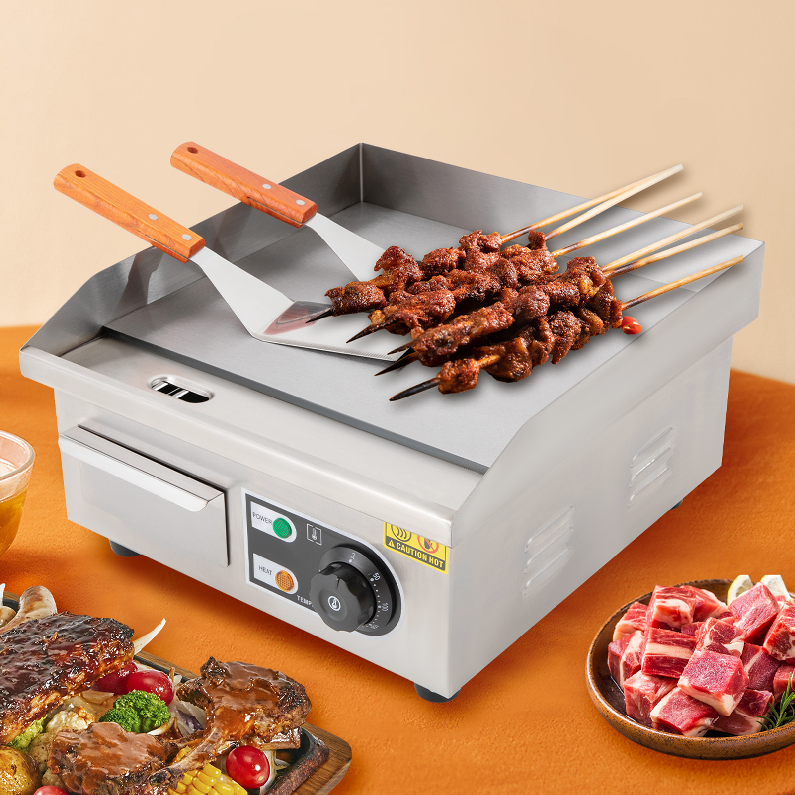 Kommerzieller Elektrogrill Edelstahlgrill 14-Zoll-Elektrogrill 2000 W Für den Einsatz in Straßenständen, Restaurants, Geschäften, Kantinen, Supermärkten