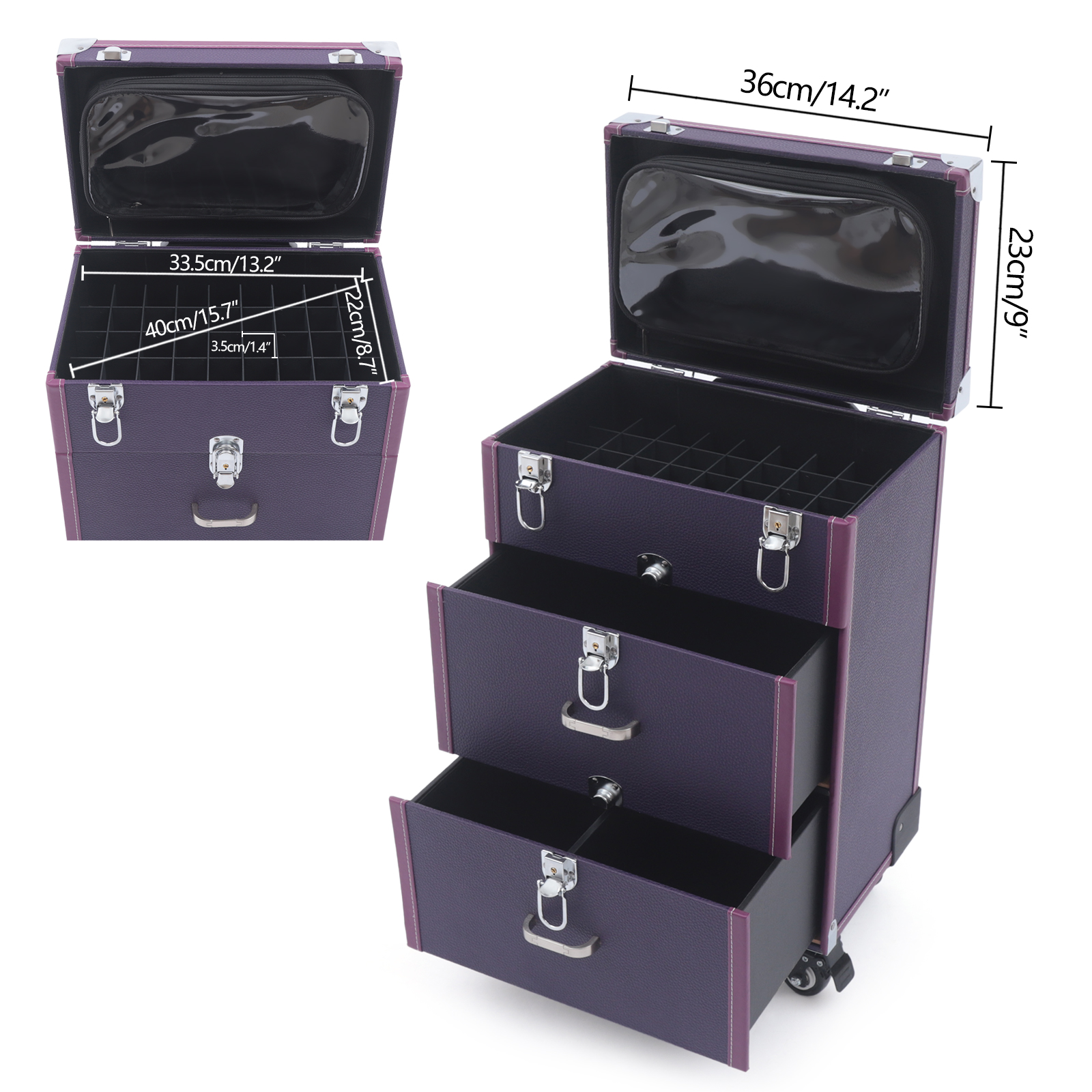 Make-up-Koffer mit Rollen, Roll-Make-up-Koffer, Nagellack-Organizer mit 4 Rollen, Lila Make-up-Koffer mit Rollen, Roll-Make-up-Koffer, Nagellack-Organizer mit 4 Rollen, Lila