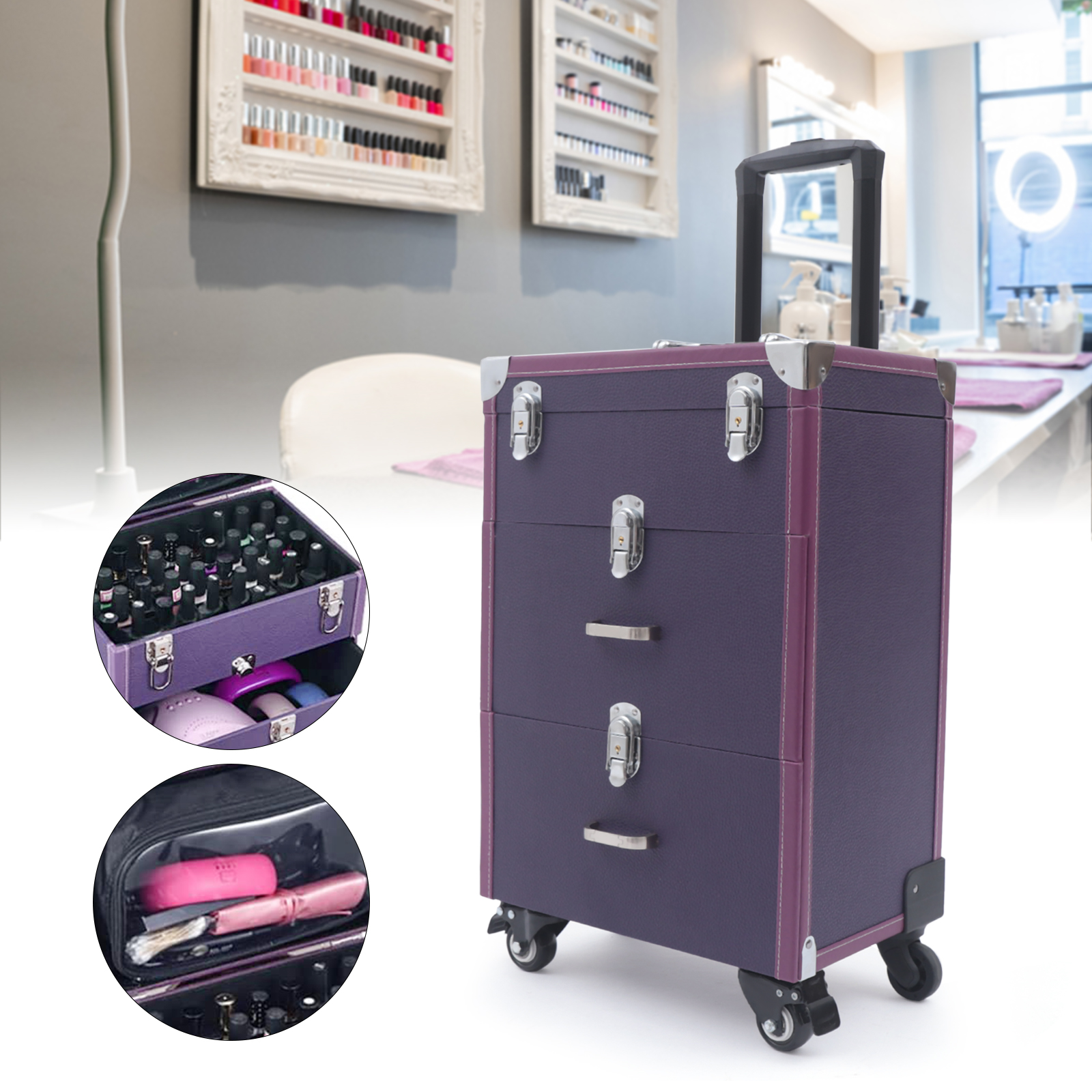 Make-up-Koffer mit Rollen, Roll-Make-up-Koffer, Nagellack-Organizer mit 4 Rollen, Lila Make-up-Koffer mit Rollen, Roll-Make-up-Koffer, Nagellack-Organizer mit 4 Rollen, Lila